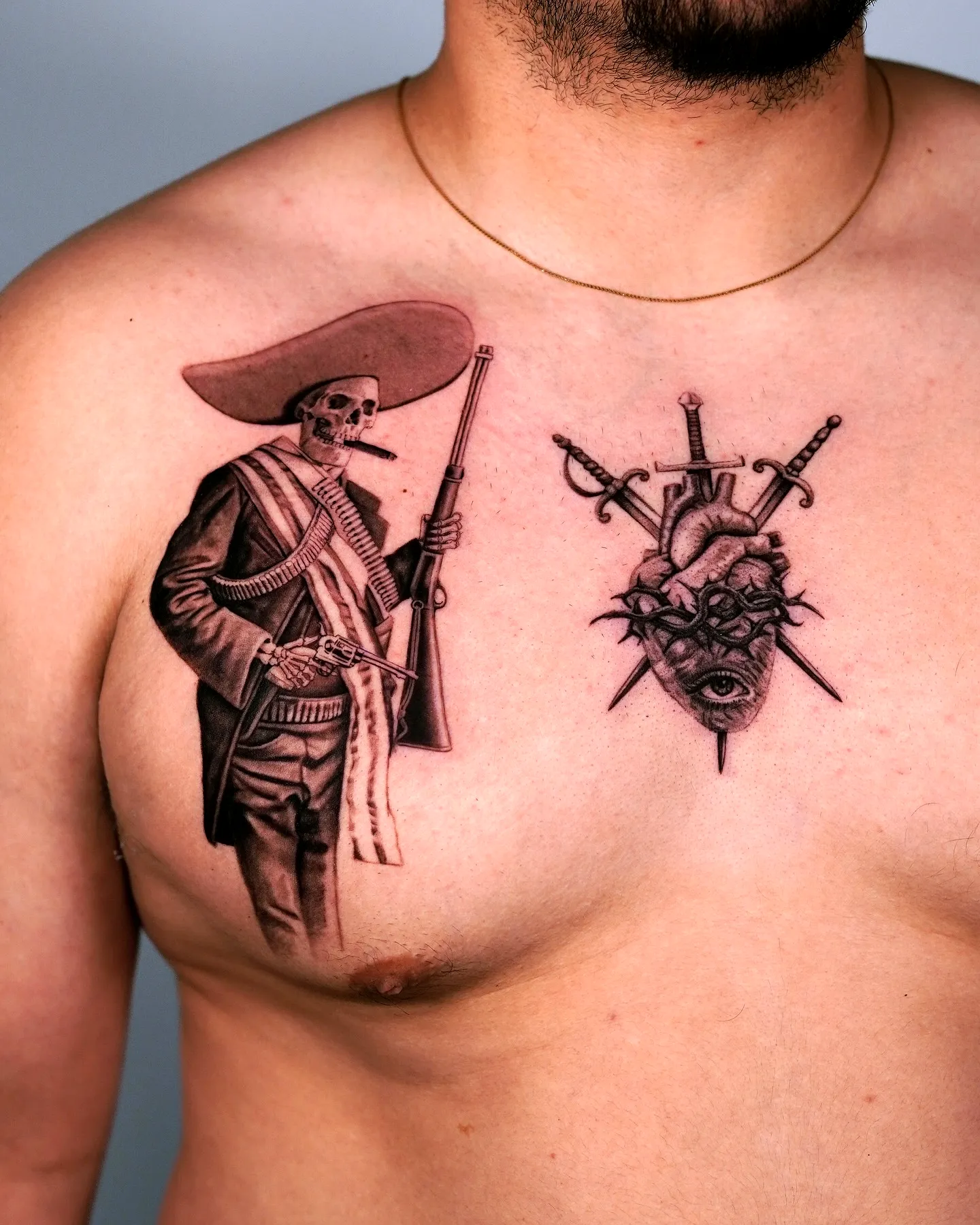 Mexican Skeleton and Heart Chest Tattoo