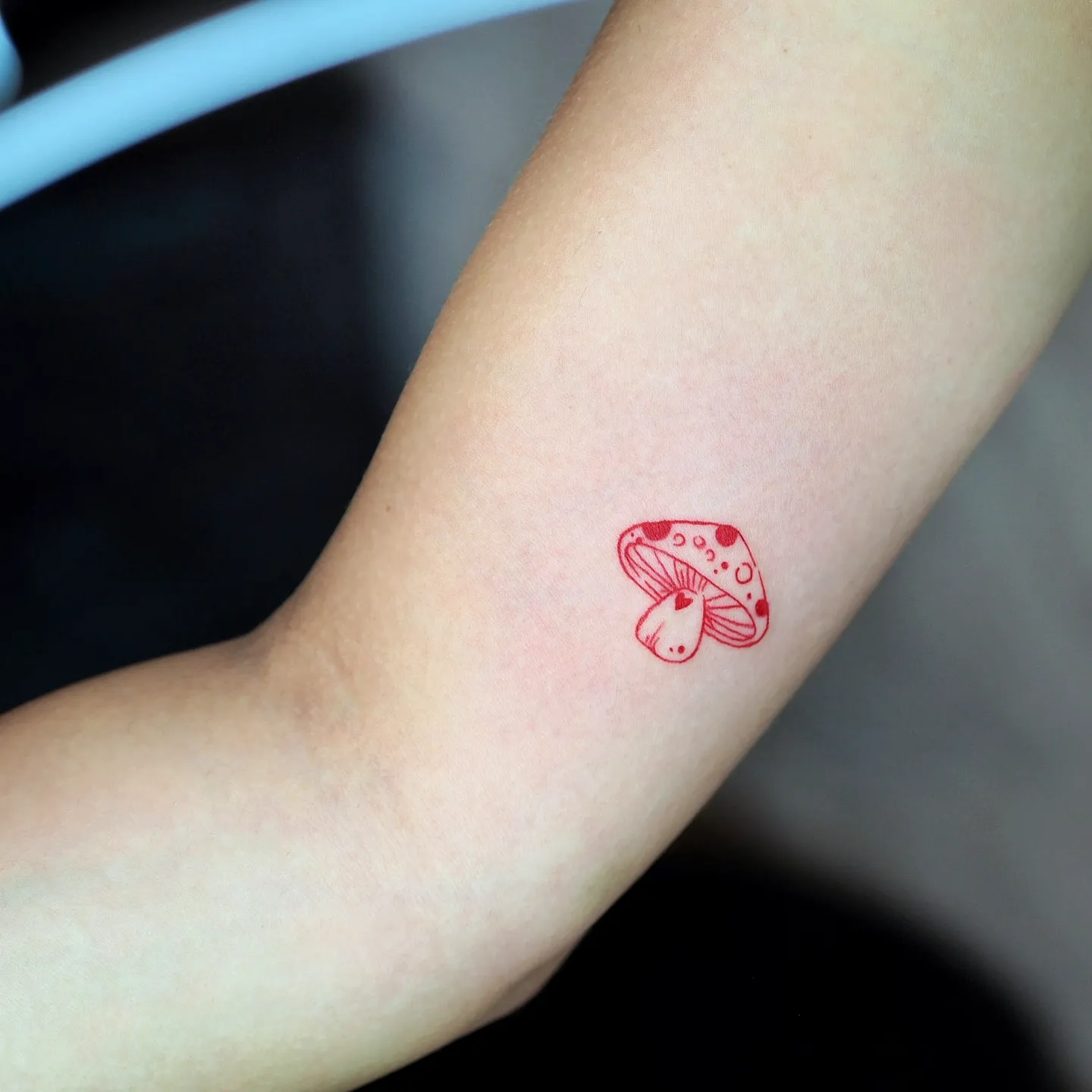 Minimal Red Mushroom Inner Forearm Tattoo