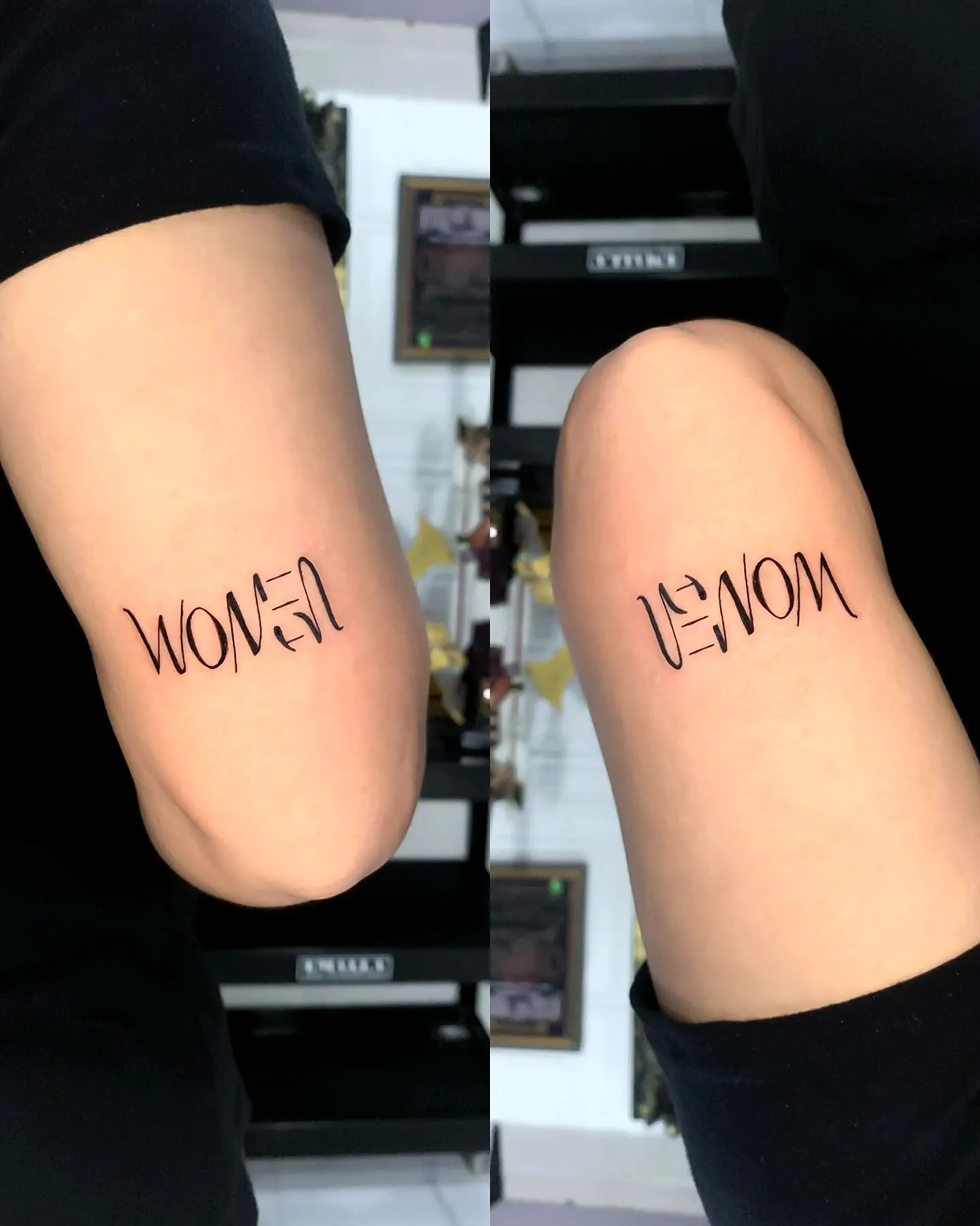 Minimalist Women Ambigram Elbow Tattoo