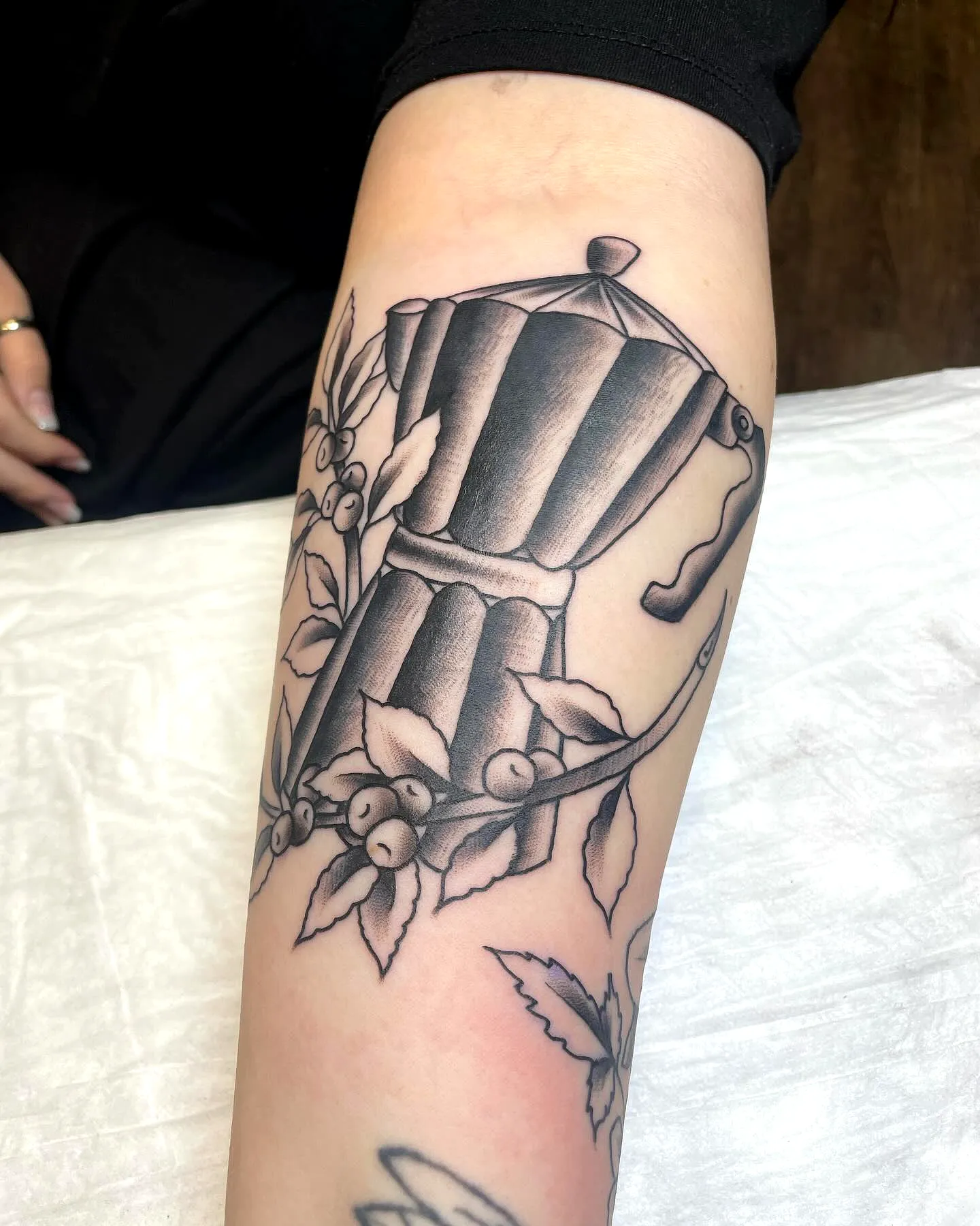 Moka Pot Arm Tattoo with Coffee Elements