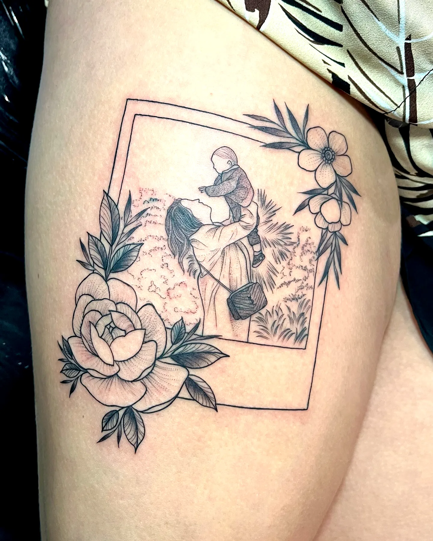 Mom and Child Thigh Tattoo with Roses