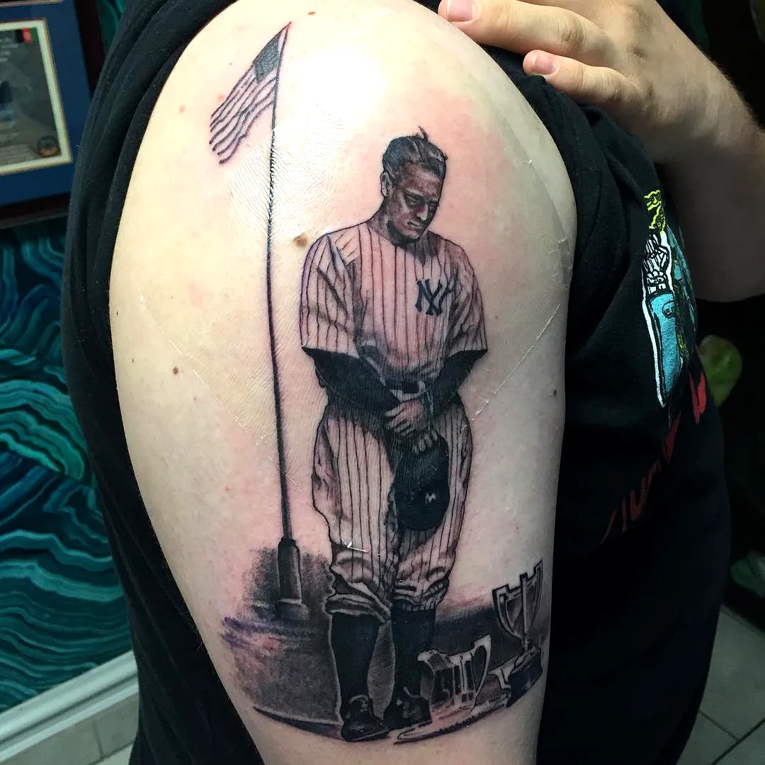 Monochromatic Baseball Player Shoulder Tattoo
