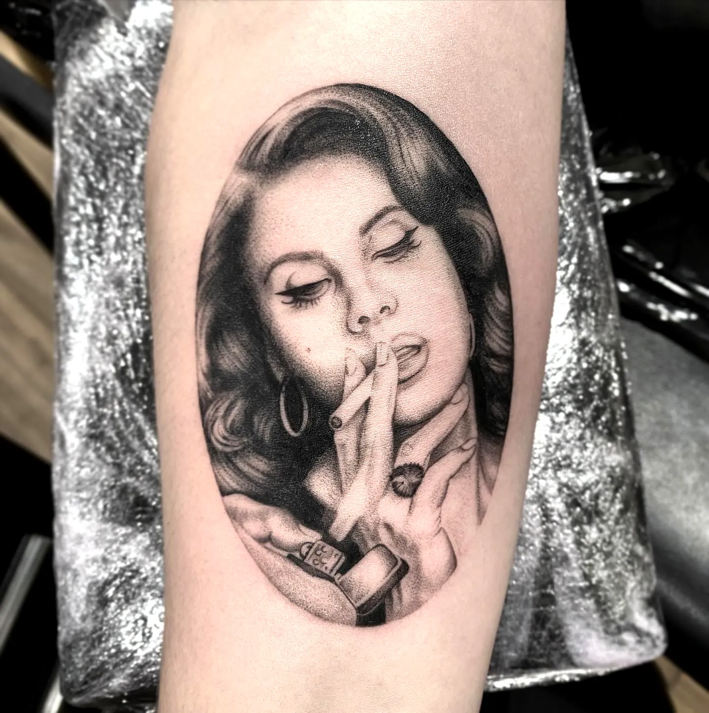 Monochromatic Smoking Forearm Tattoo