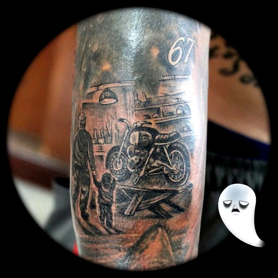 Motorcycle Garage Arm Tattoo in Black Gray