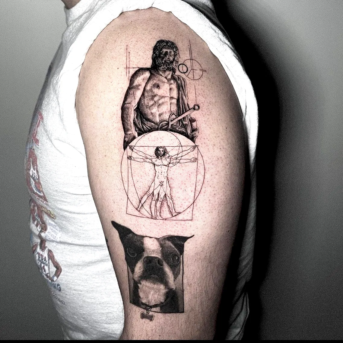 Muscular Male and Boston Terrier Arm Tattoo