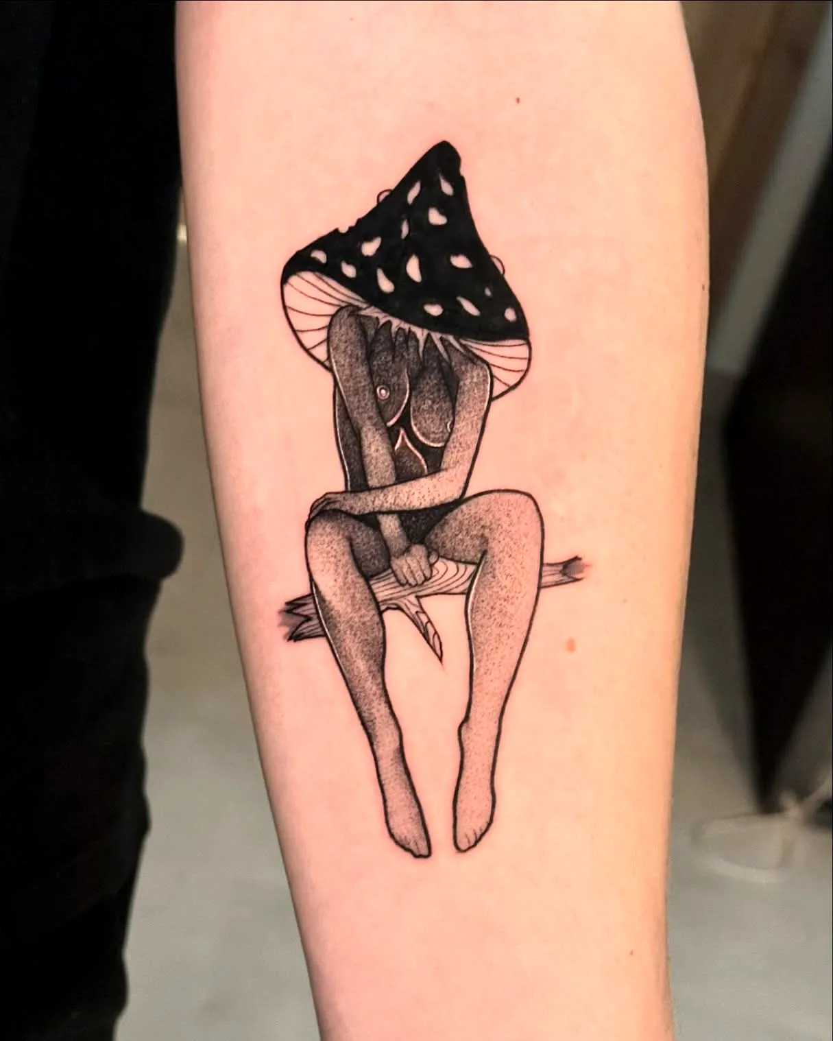 Mushroom Forearm Tattoo with Dot Work