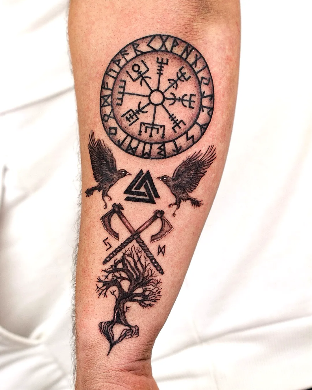 Norse Ravens Arm Tattoo with Vegvisir