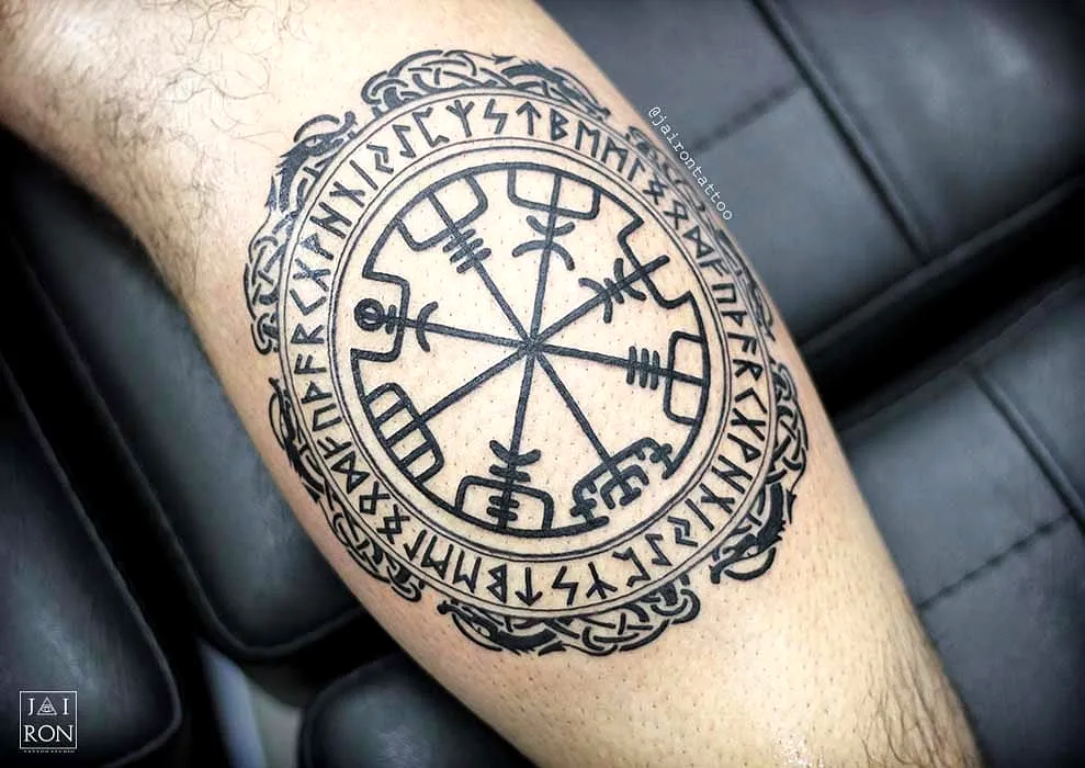 Norse Symbol Leg Tattoo in Black Ink