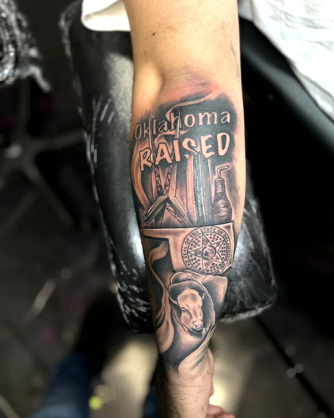 Oklahoma Forearm Tattoo with Wind Turbine