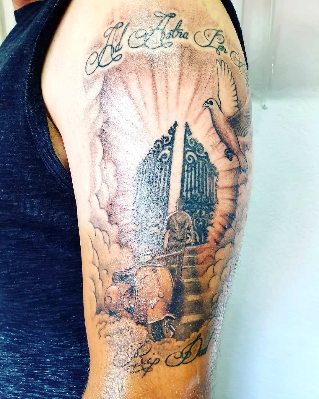 Ornate Gates Dove Arm Tattoo