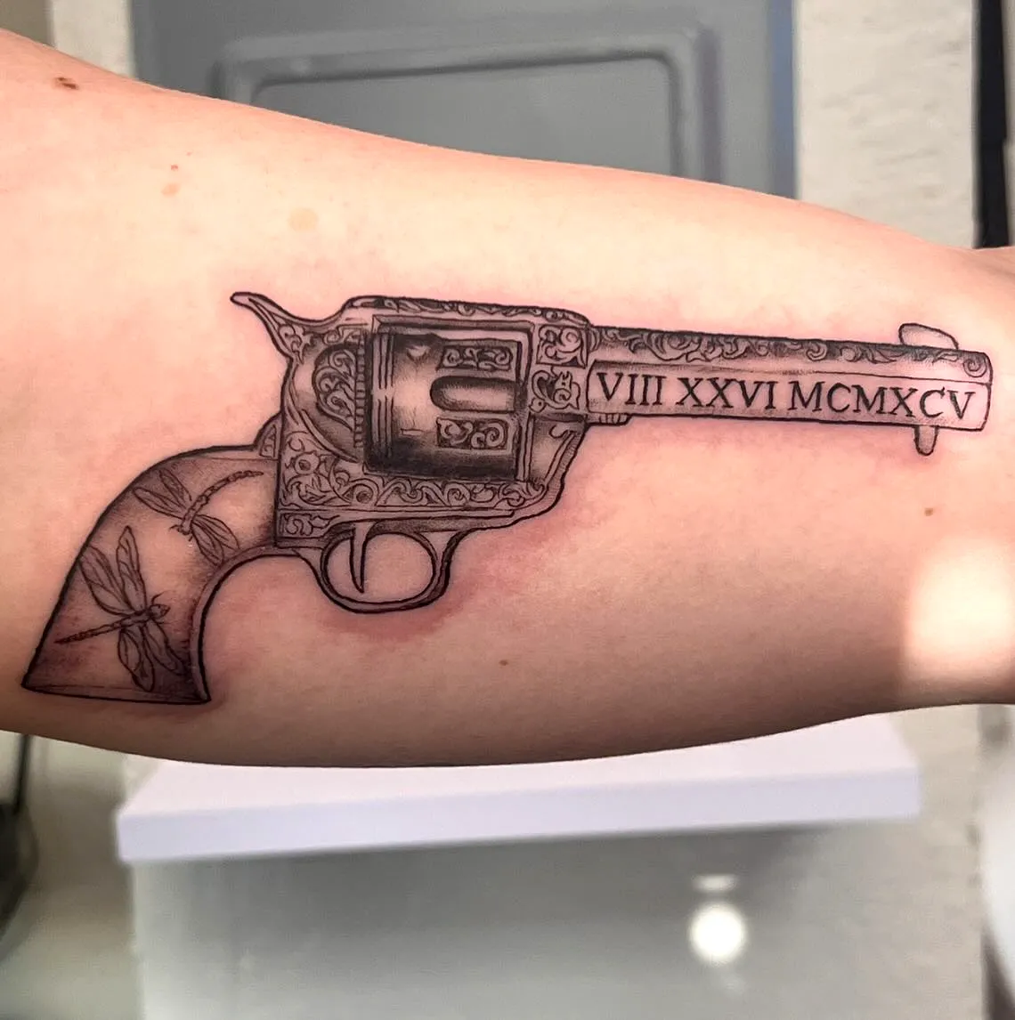 Ornate Revolver Forearm Tattoo