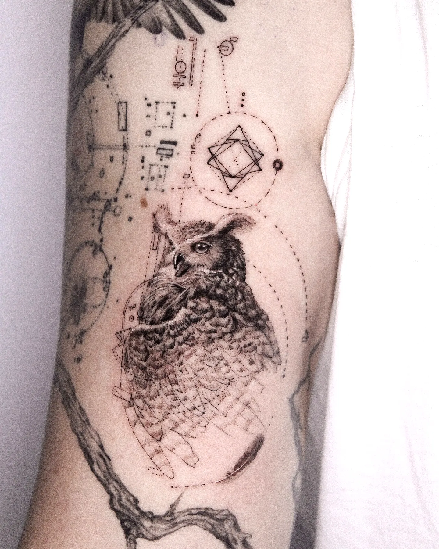 Owl Forearm Tattoo with Geometric Design