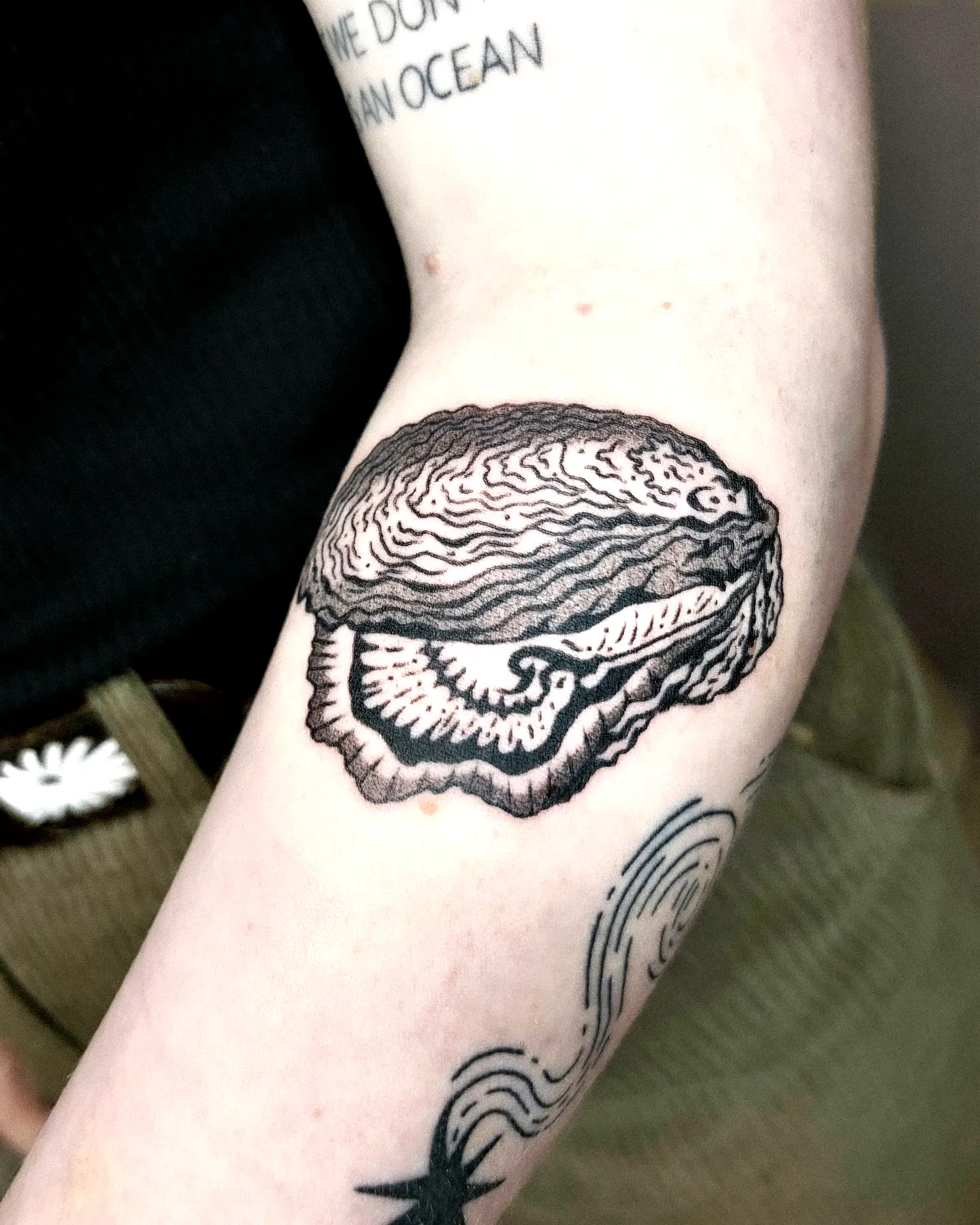 Oyster Forearm Tattoo in Black Line Art