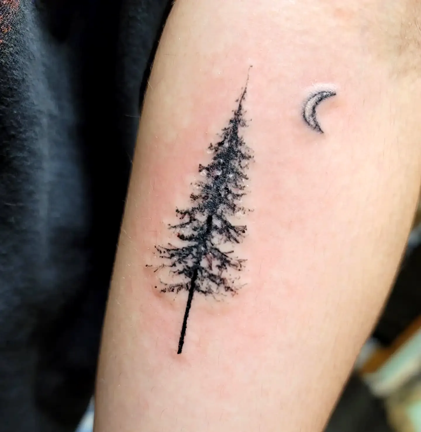 Pine Tree Arm Tattoo with Crescent Moon