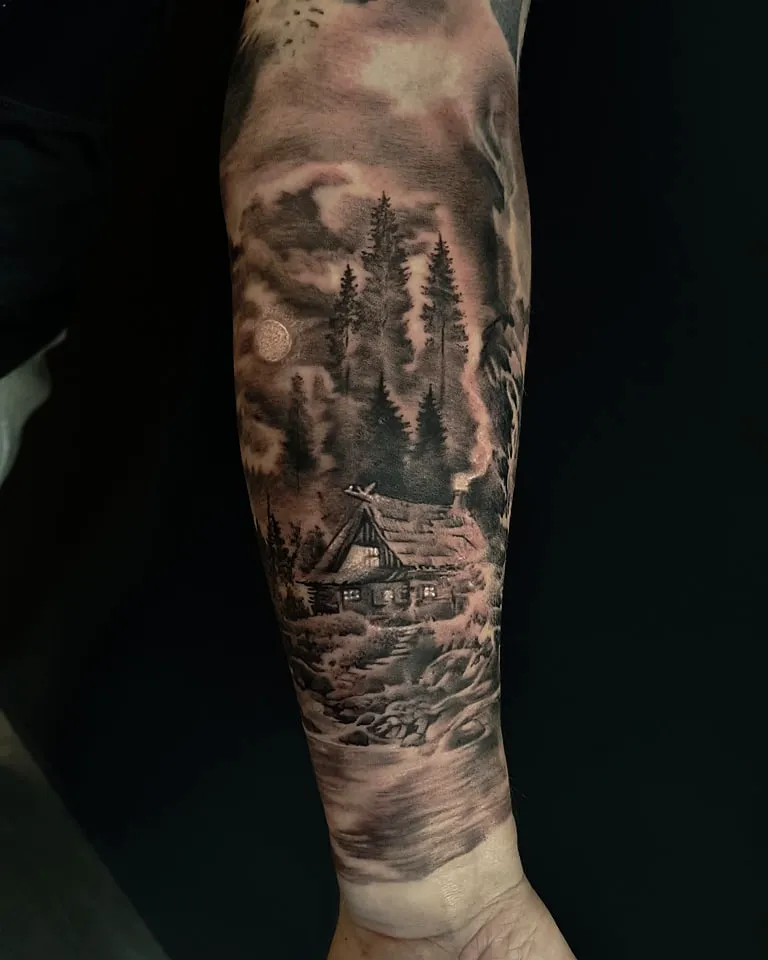 Pine Tree River Forearm Tattoo