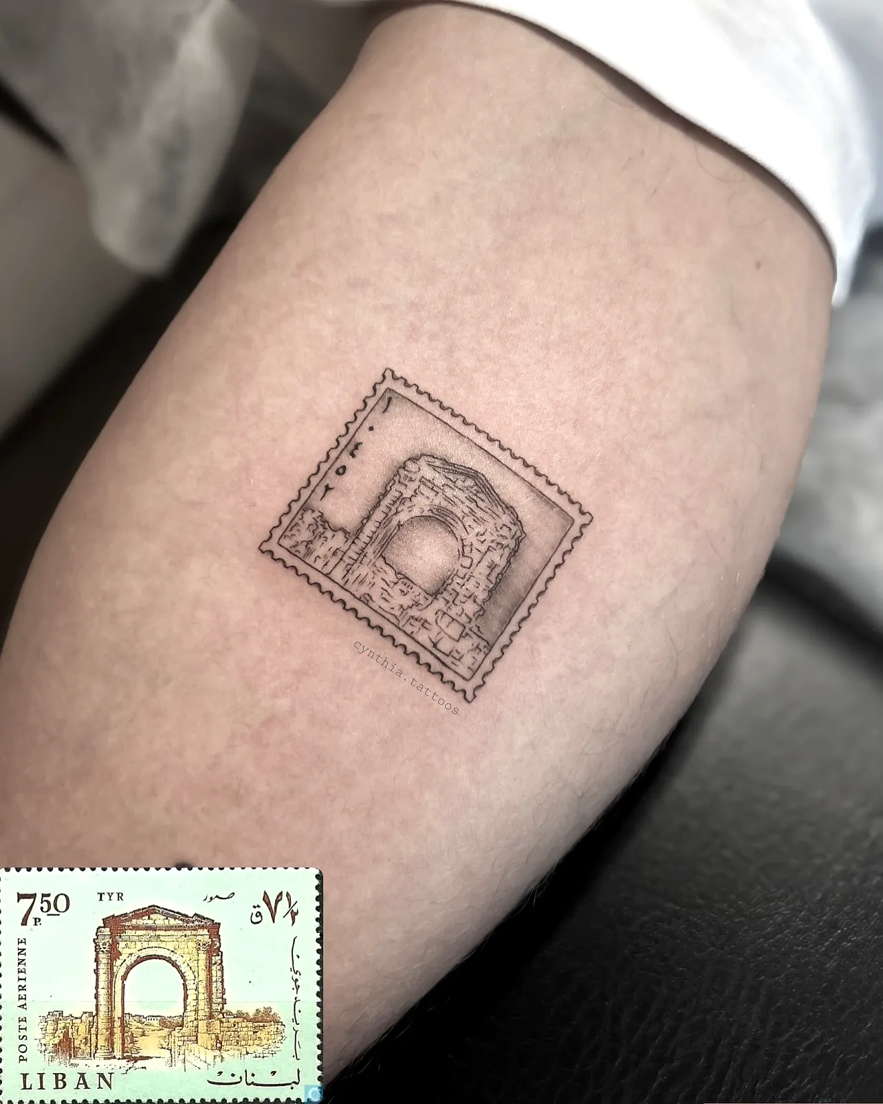 Postage Stamp Forearm Tattoo in Realistic Brown
