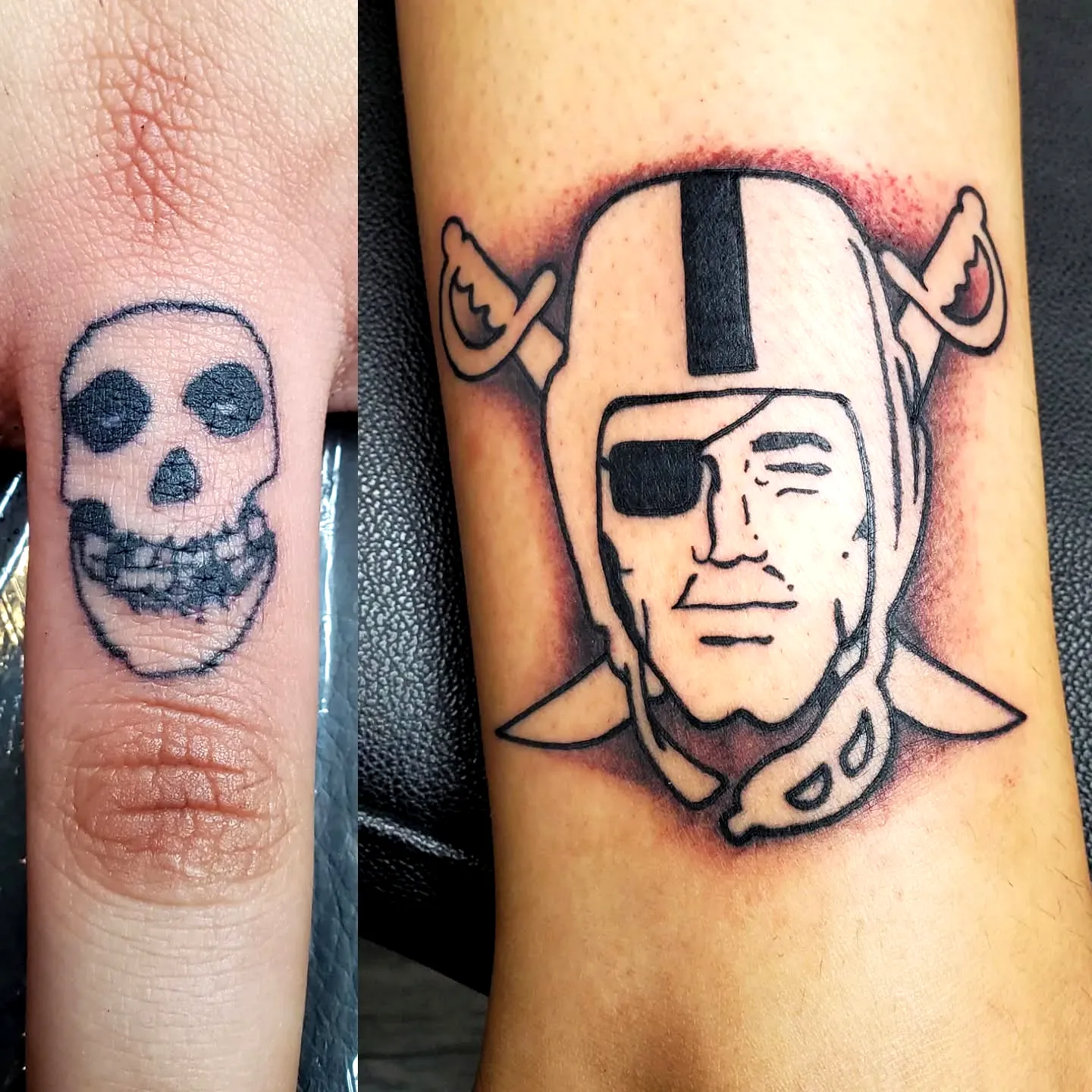 Raider Skull and Helmet Hand Tattoo