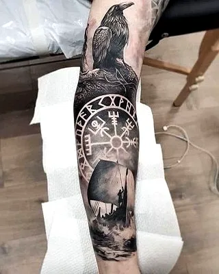 Raven Forearm Tattoo with Viking Ship