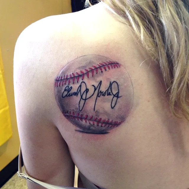 Realistic Baseball Upper Back Tattoo