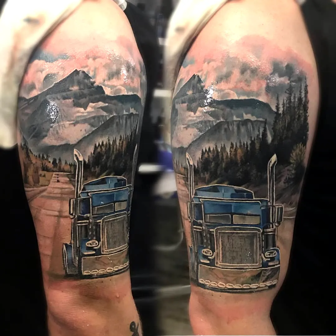Realistic Blue Truck Upper Arm Tattoo