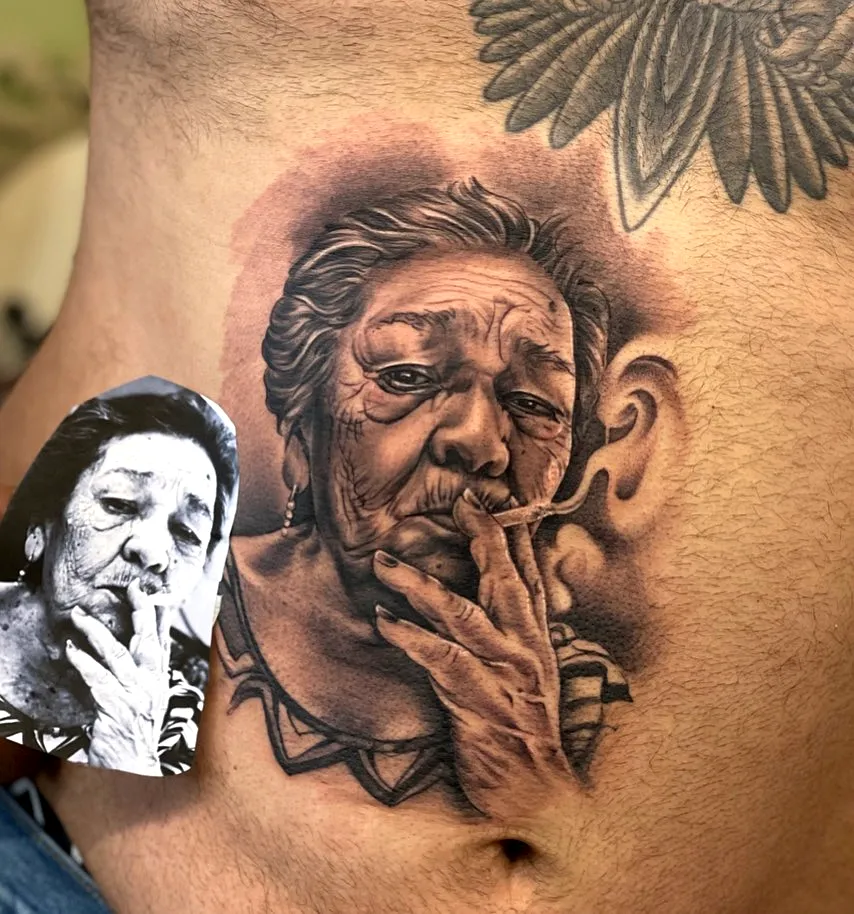 Realistic Elderly Woman Torso Tattoo