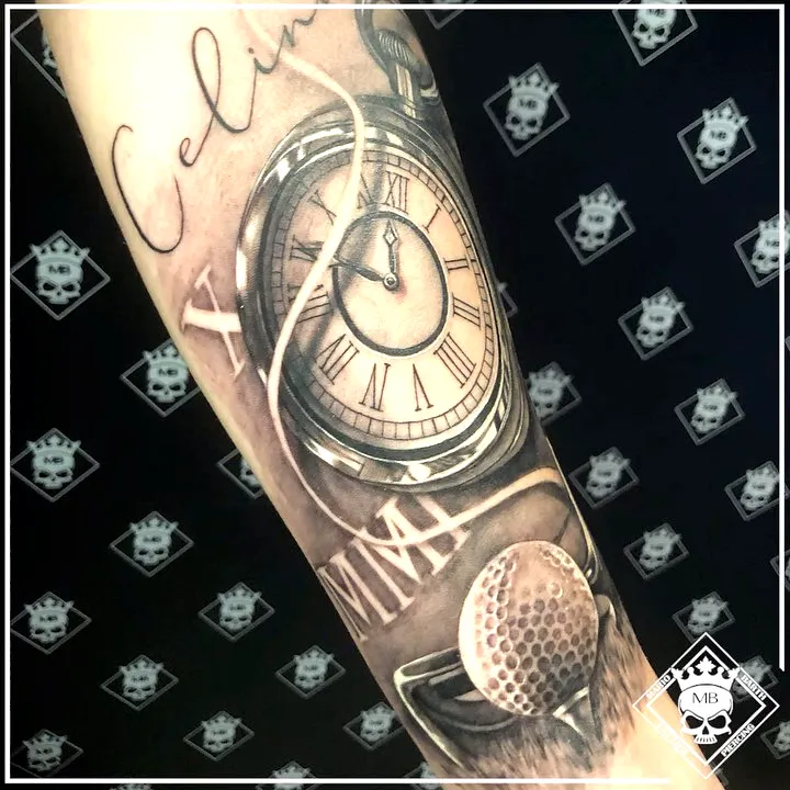 Realistic Golf Pocket Watch Forearm Tattoo