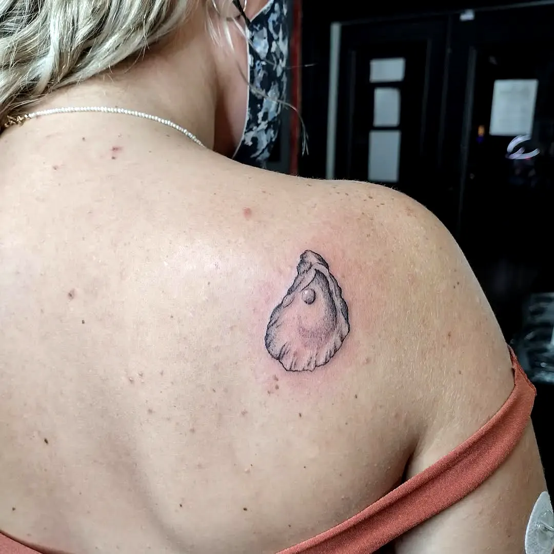 Realistic Oyster Upper Back Tattoo