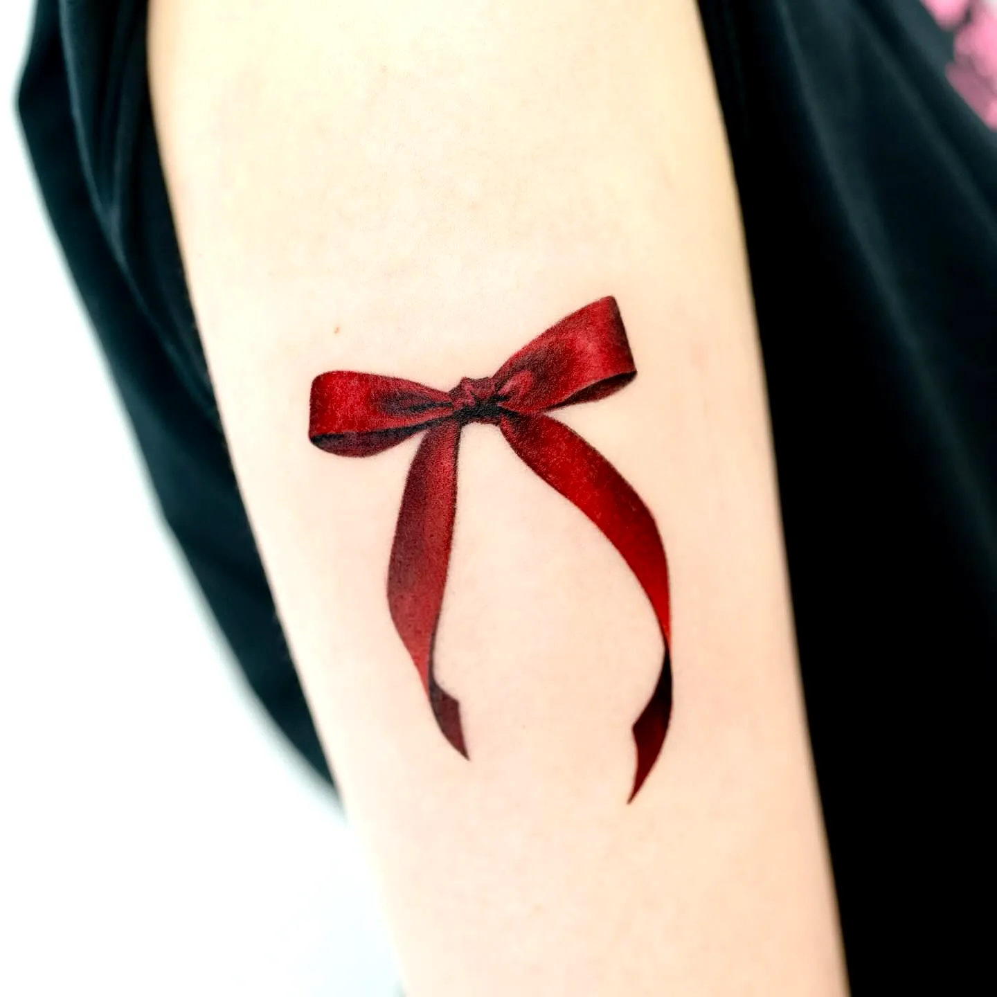 Realistic Red Ribbon Arm Tattoo