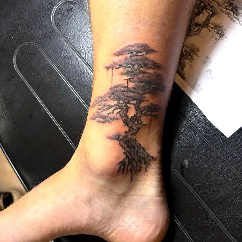 Realistic Tree Ankle Tattoo in Black Gray