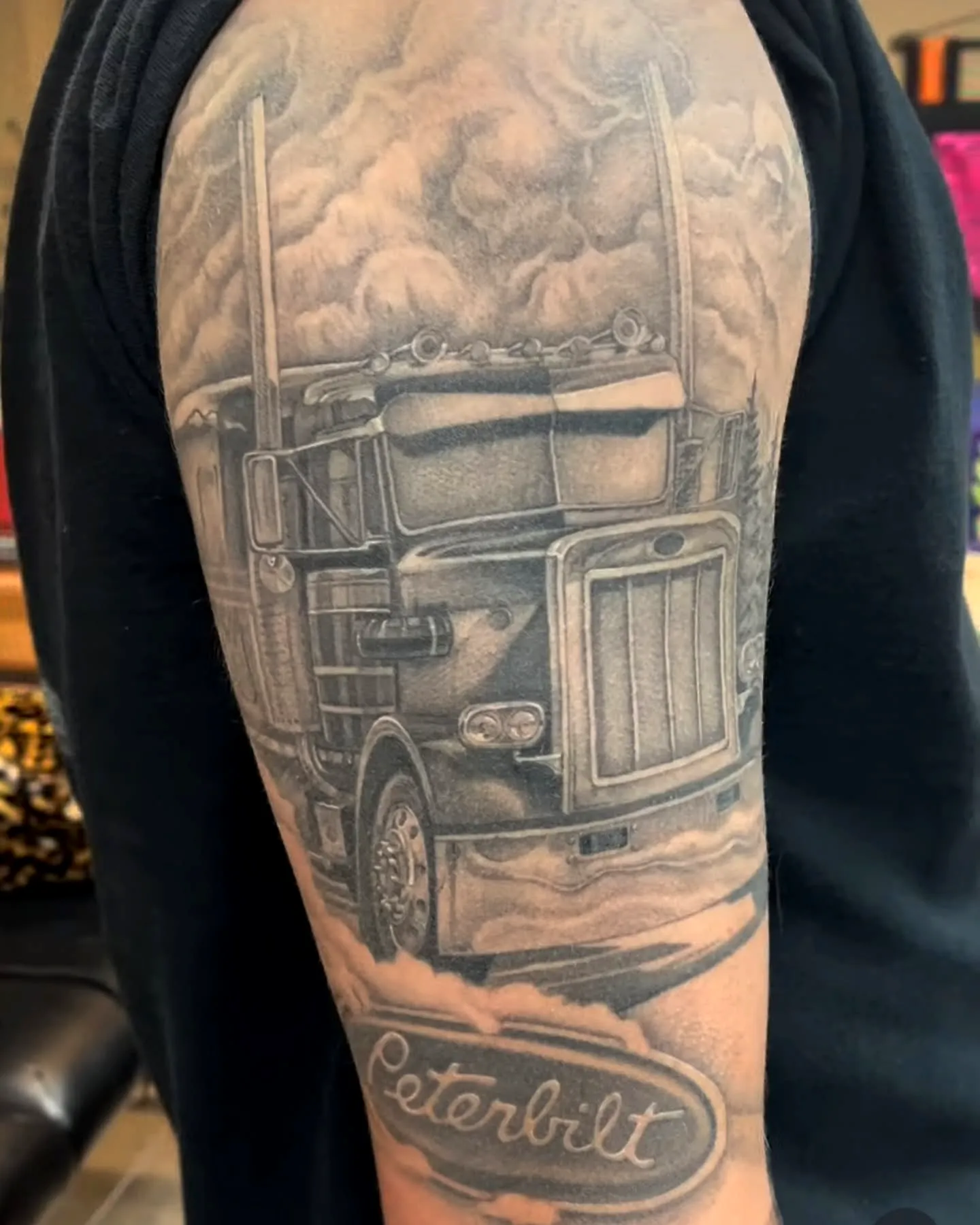 Realistic Truck Upper Arm Tattoo