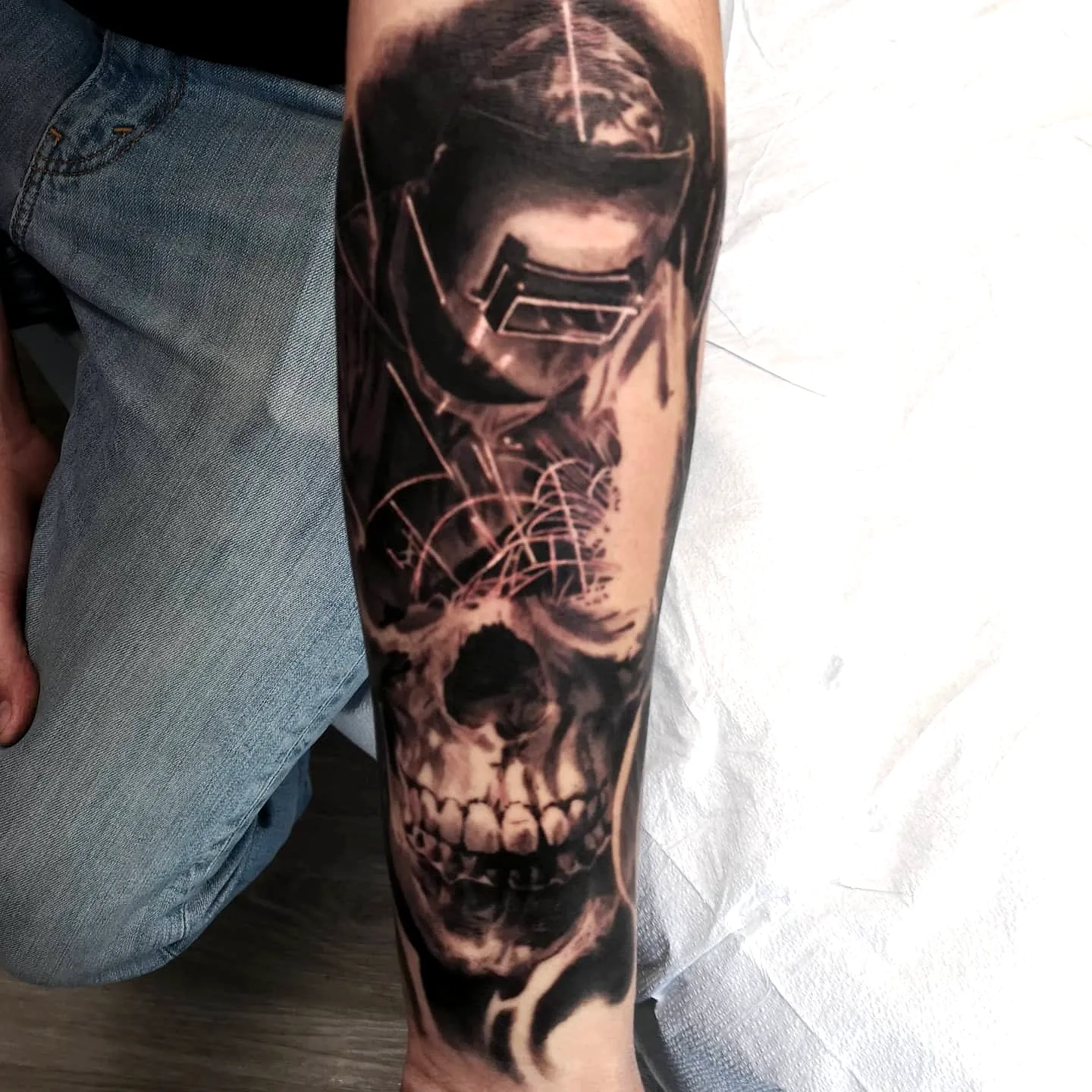 Realistic Welder Skull Forearm Tattoo