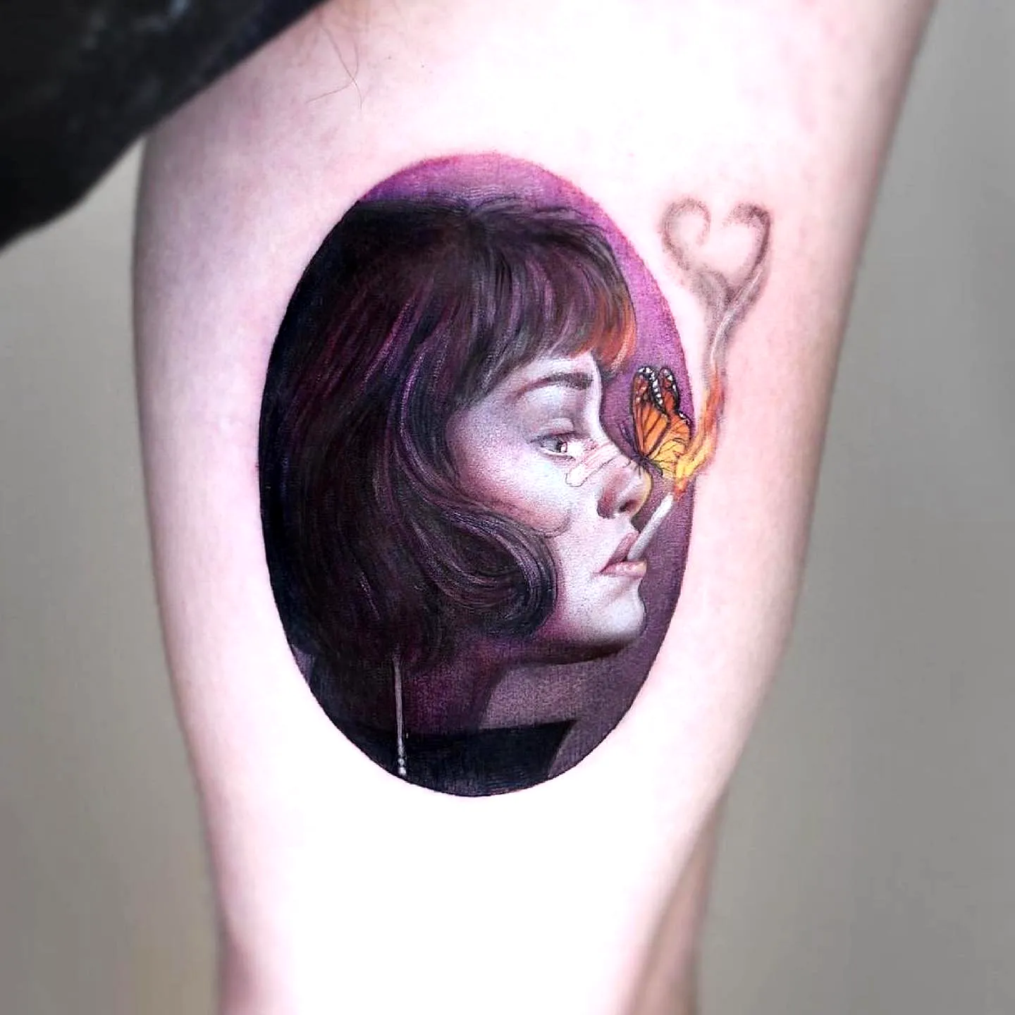 Realistic Woman Profile Smoking Tattoo