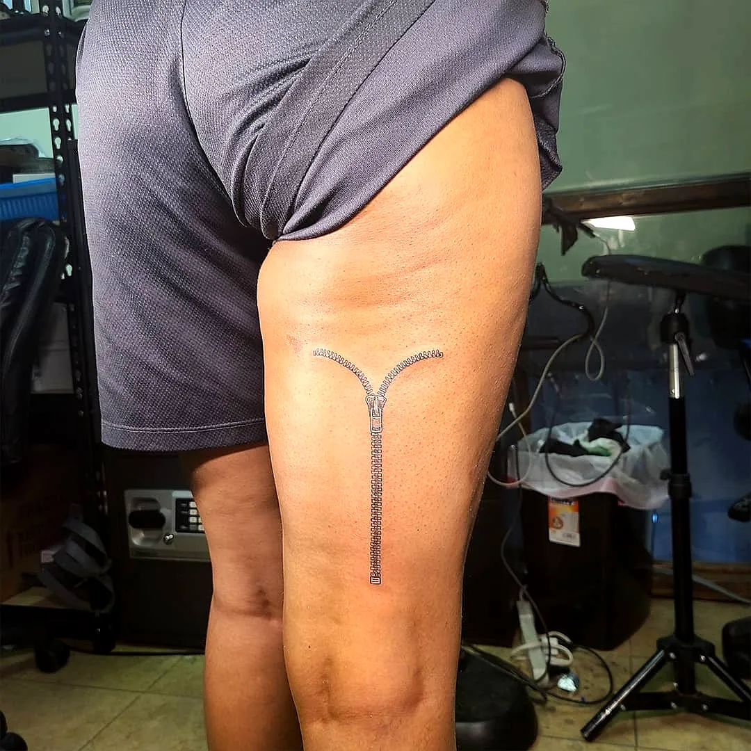 Realistic Zipper Thigh Tattoo