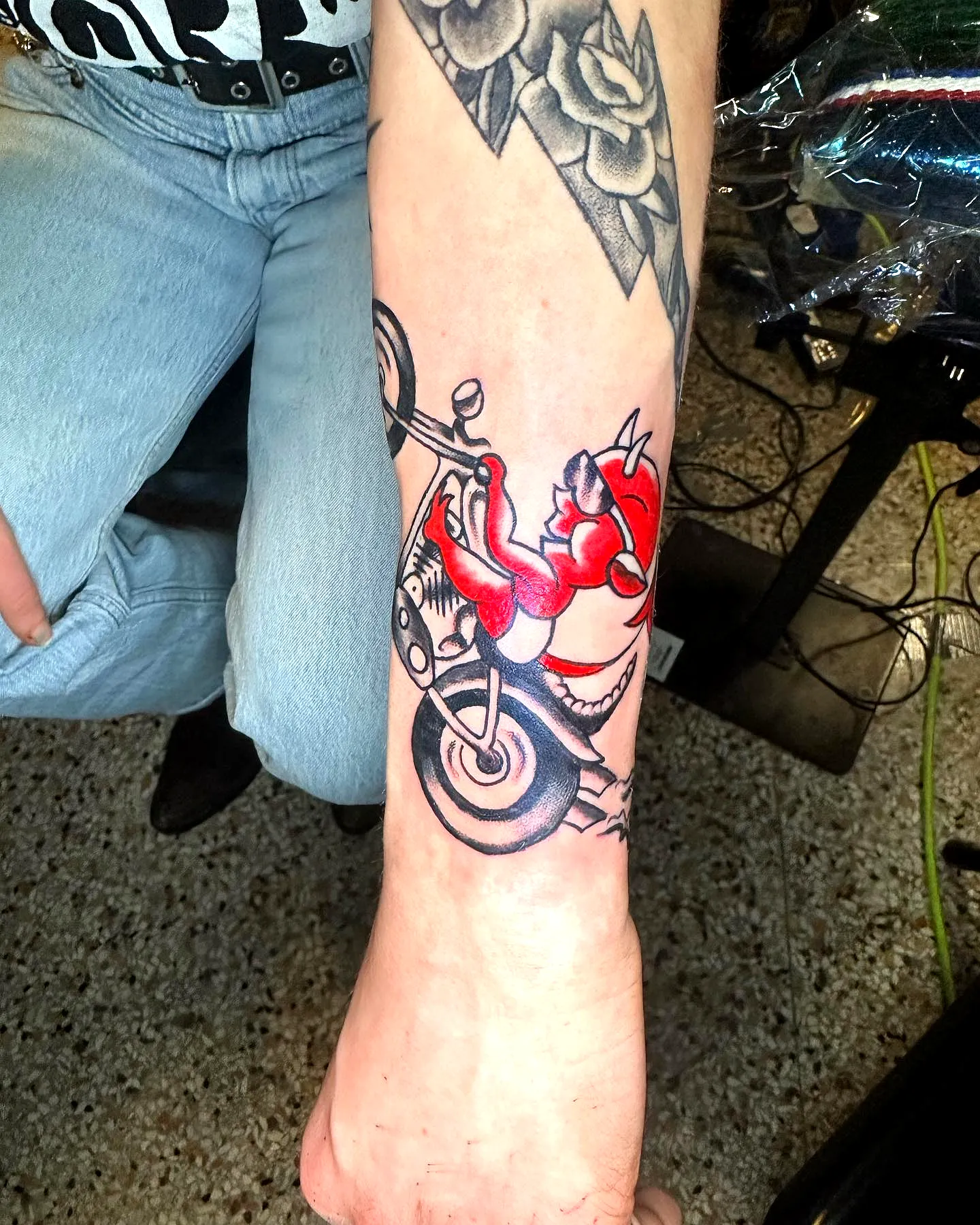 Red Devil Motorcycle Forearm Tattoo