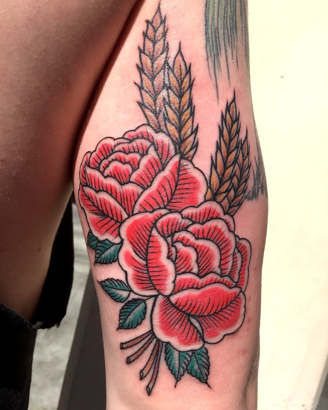 Red Rose Upper Arm Tattoo with Wheat