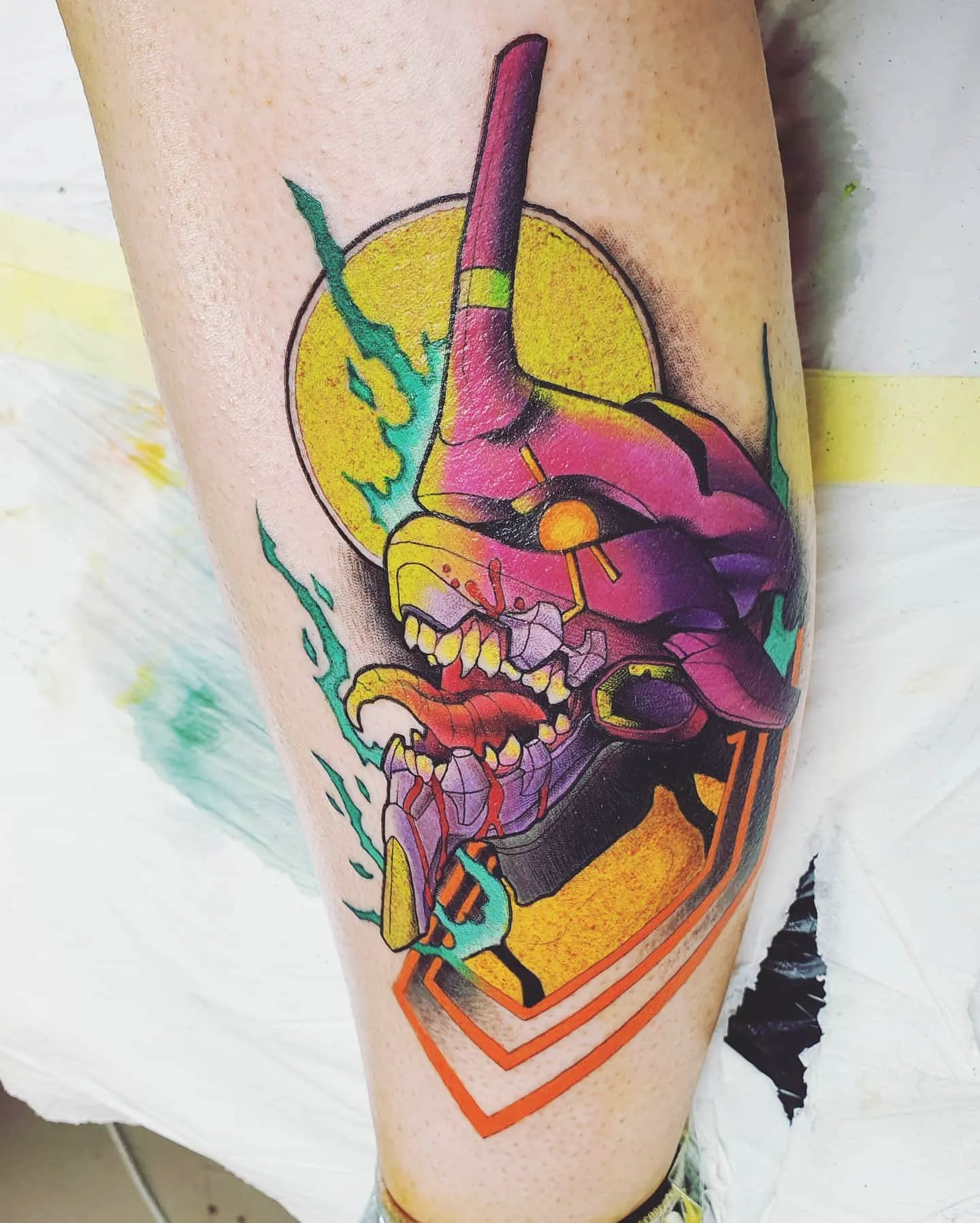 Robotic Head Calf Tattoo in Vibrant Colors