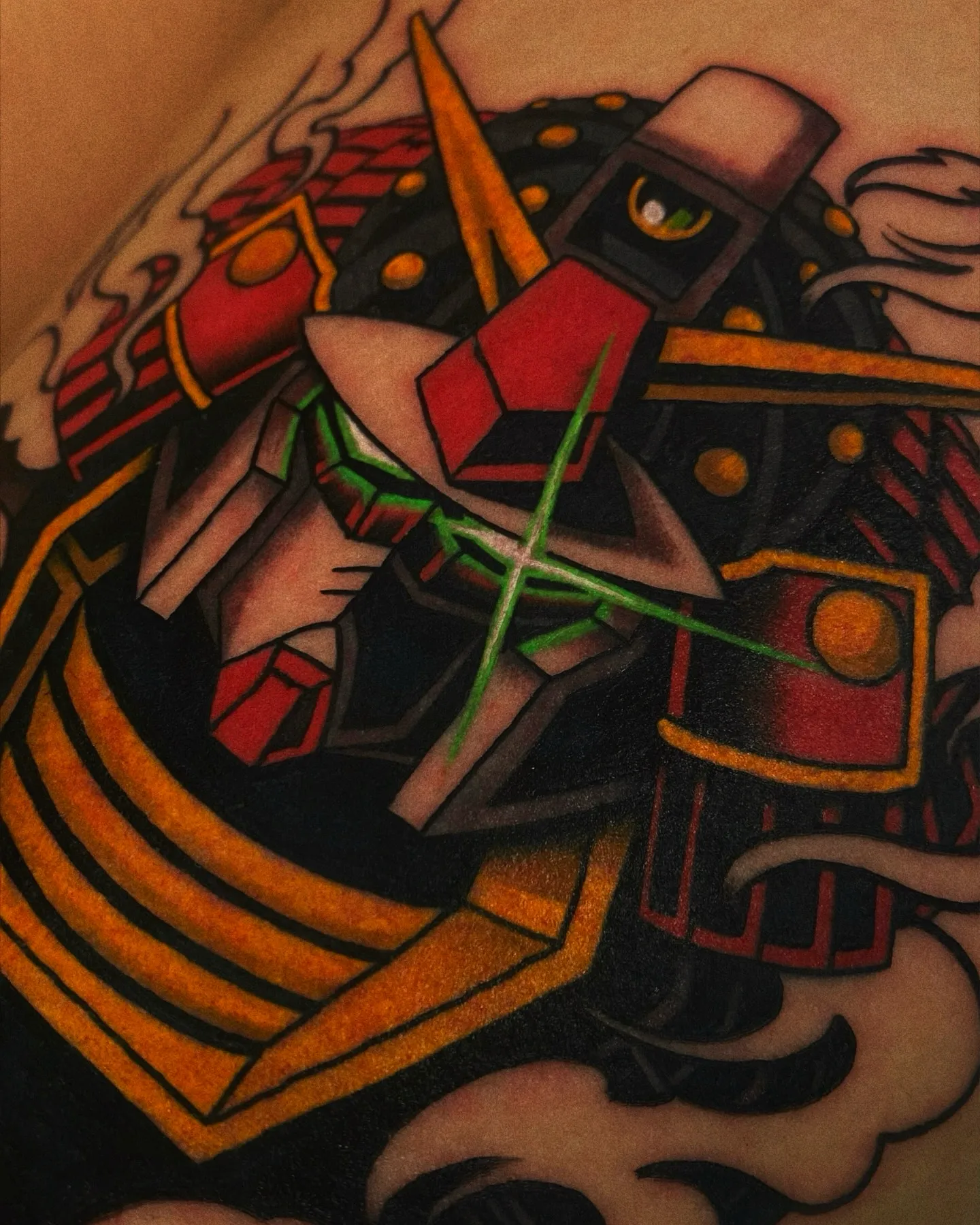Robotic Helmet Arm Tattoo in Vibrant Colors
