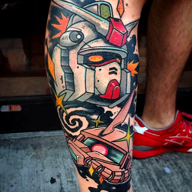 Robotic Helmet Leg Tattoo with Clouds