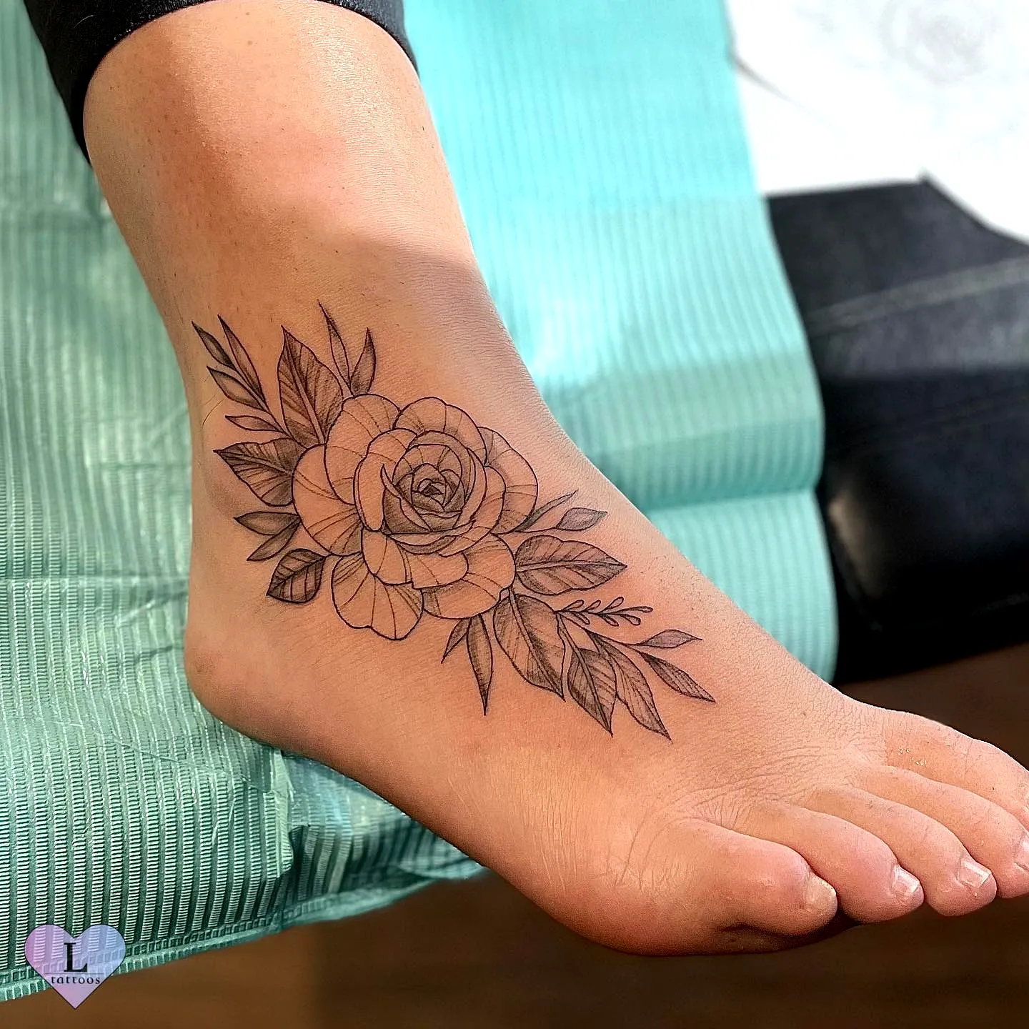 Rose Ankle Tattoo in Black Linework