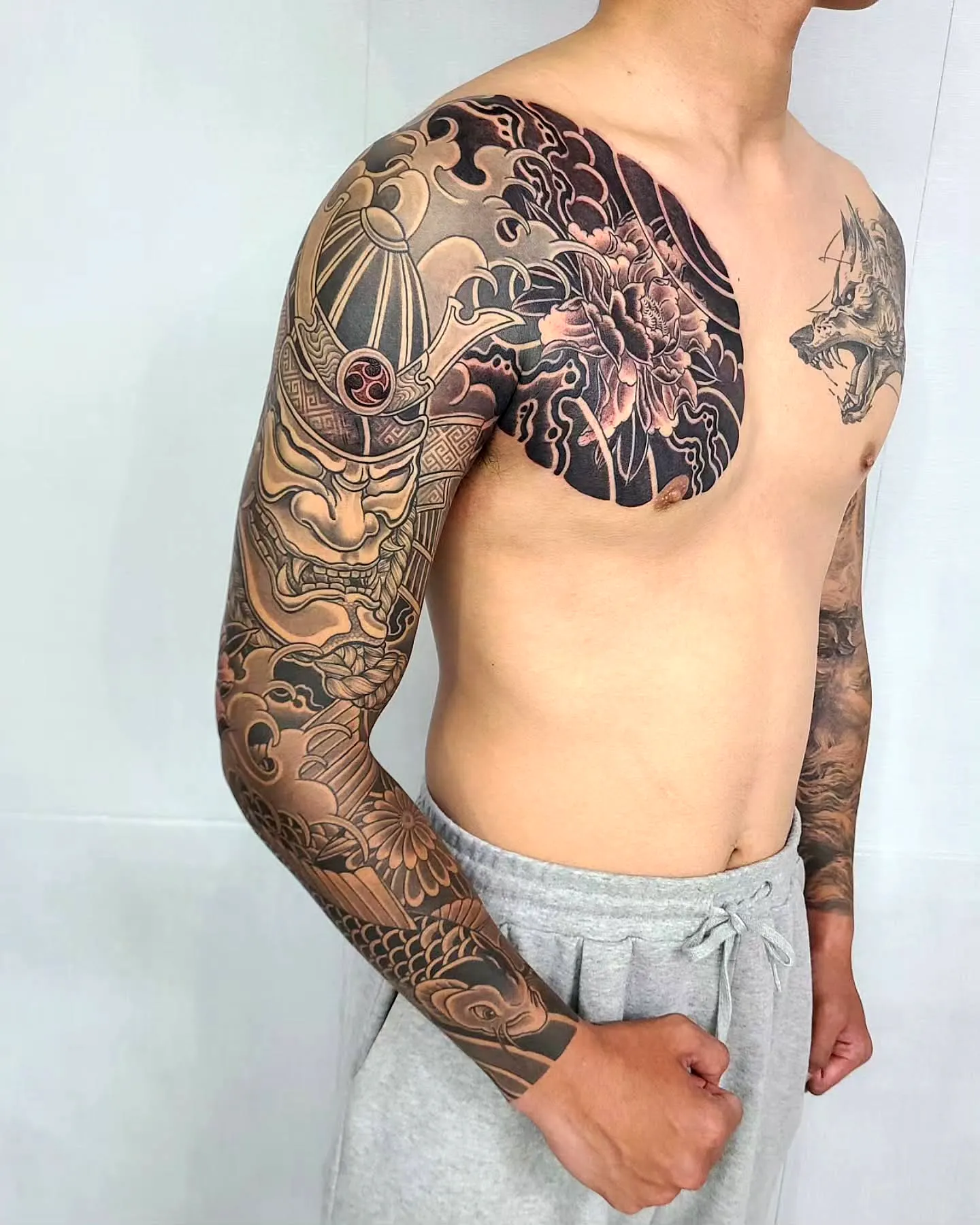 Samurai Dragon Sleeve Tattoo in Black and Gray