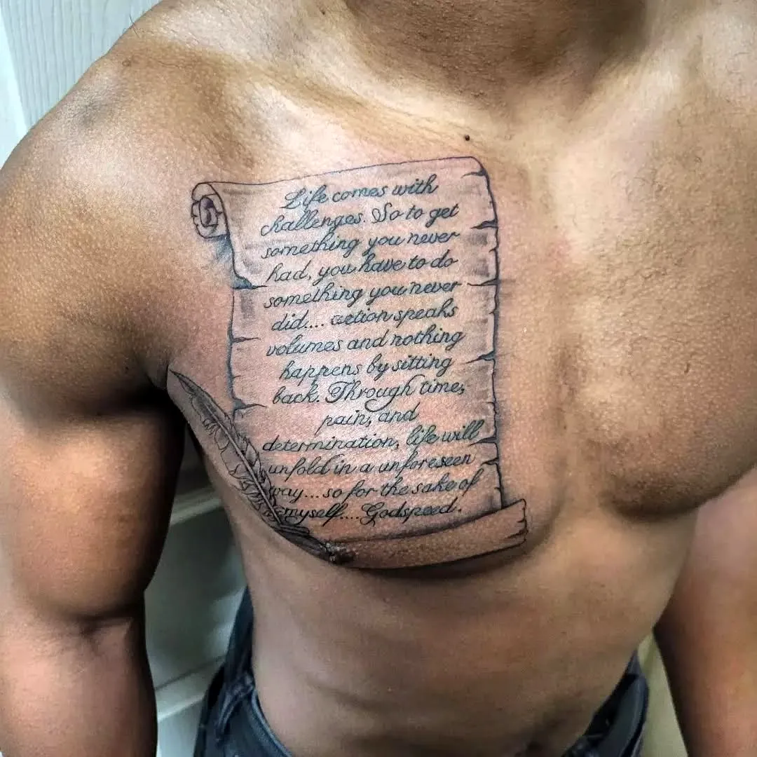Scroll Chest Tattoo with Motivational Message