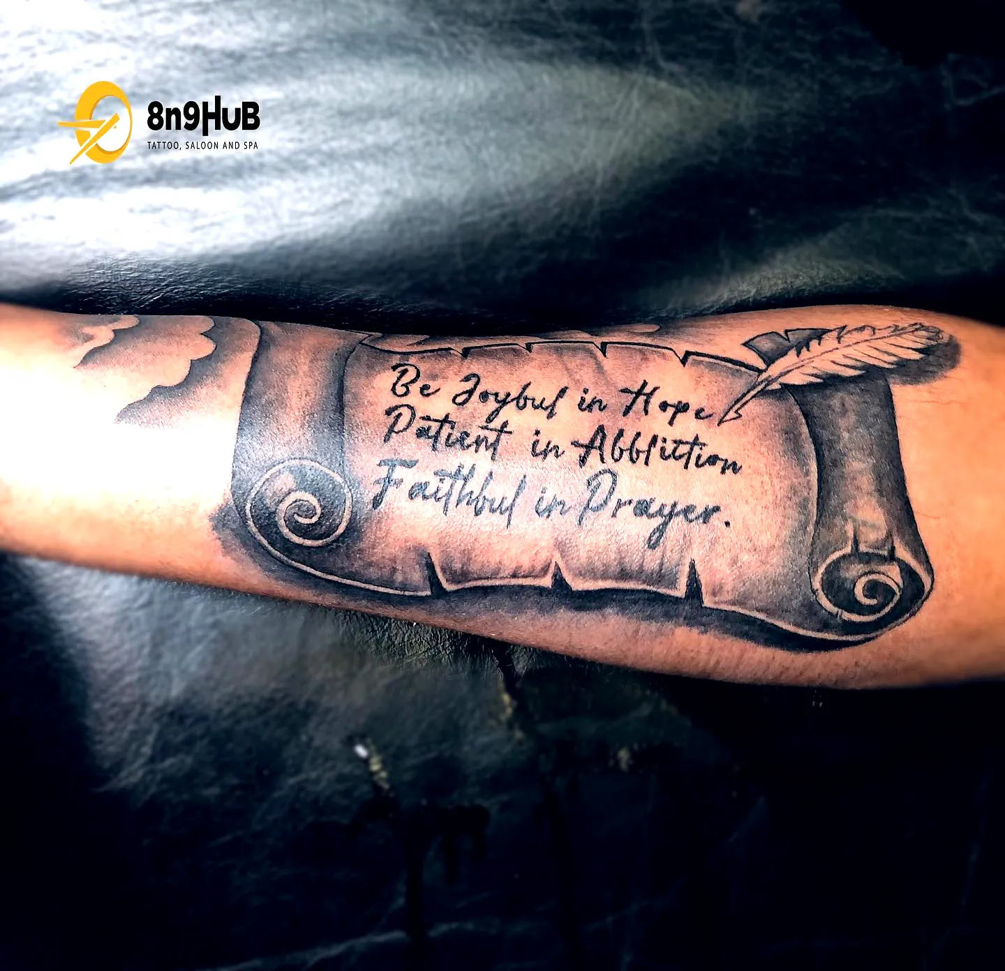 Scroll Forearm Tattoo in Black and Gray