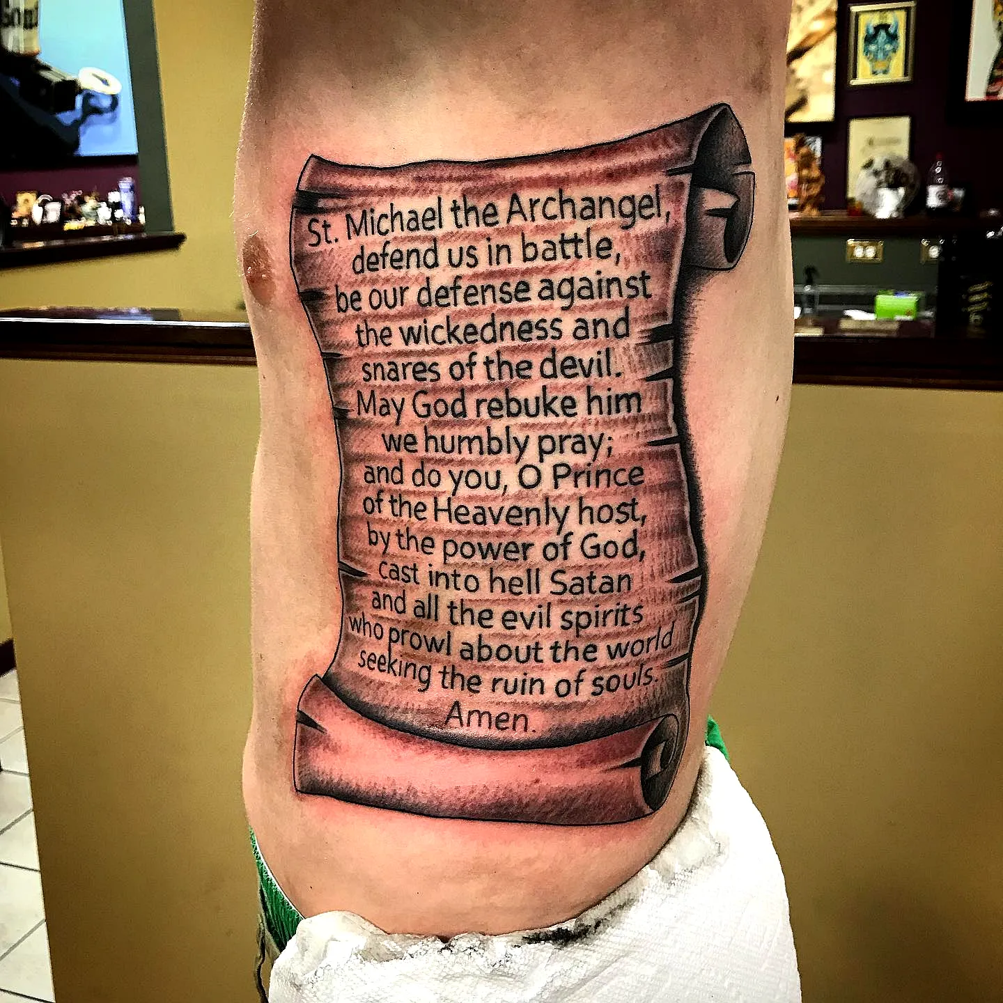 Scroll Torso Tattoo with Prayer to St. Michael