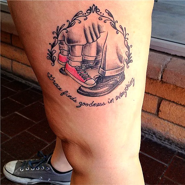 Shoes Arm Tattoo with Swirls in Black Gray