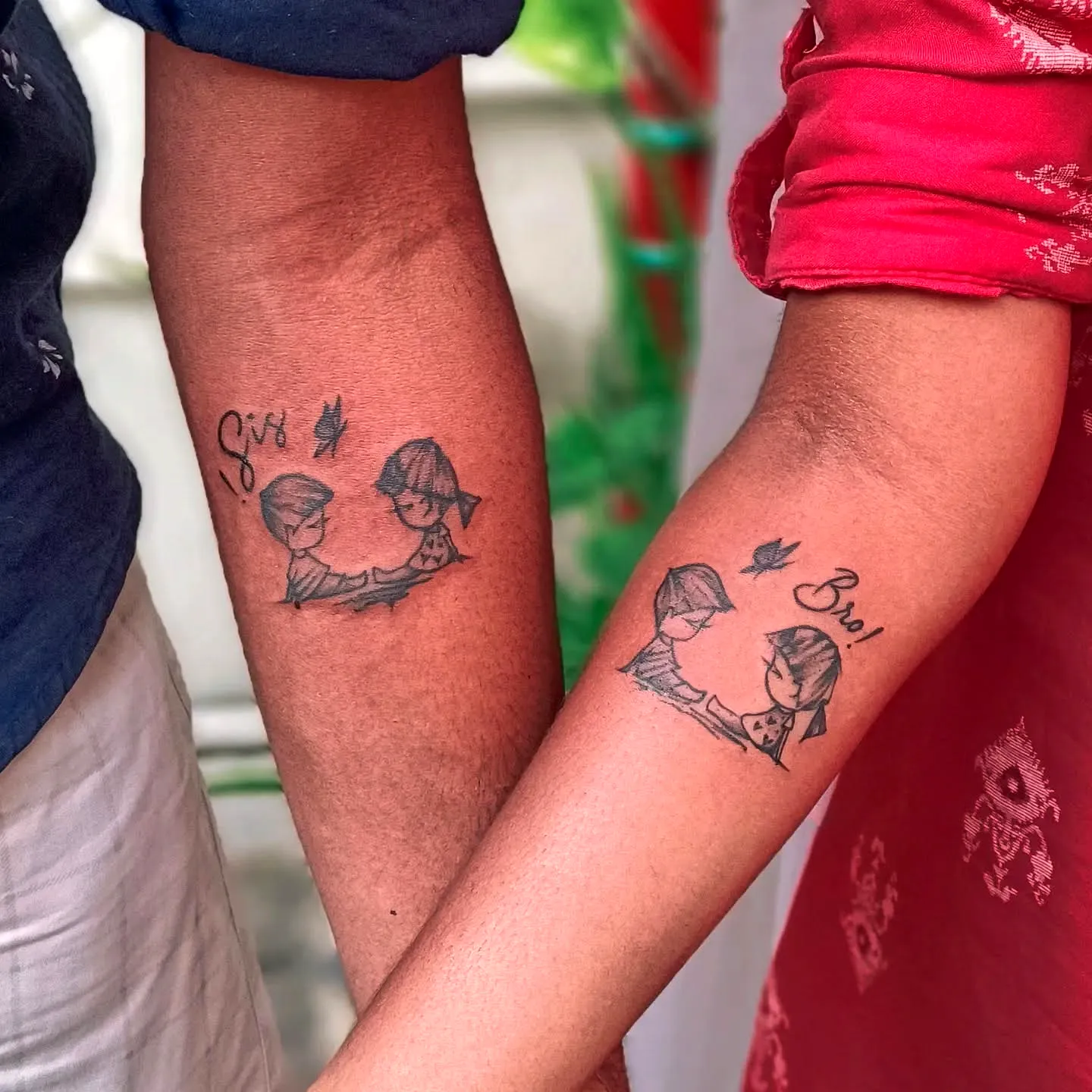 Sibling Bond Forearm Tattoos in Black