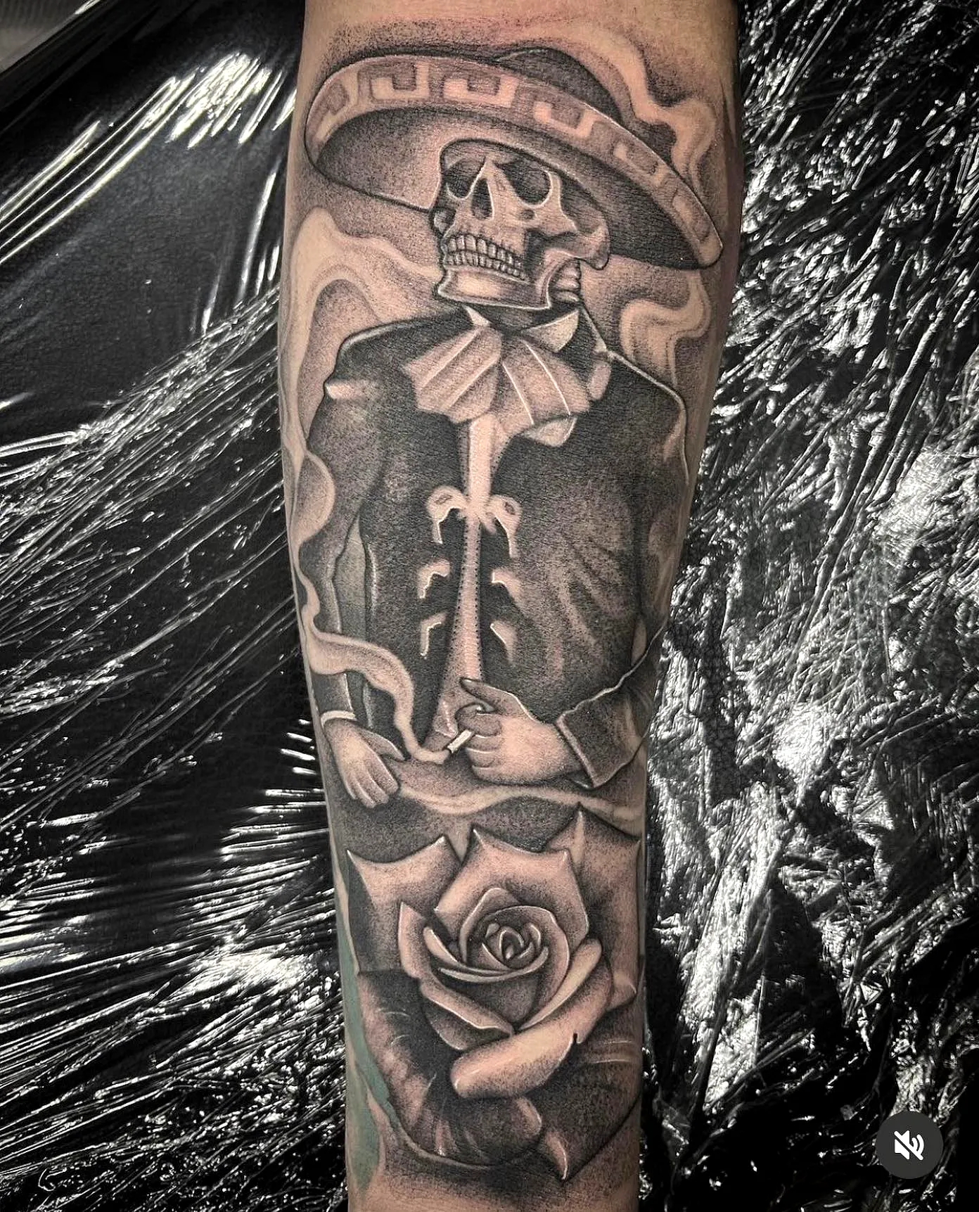 Skeletal Figure Hand Tattoo in Black and Gray