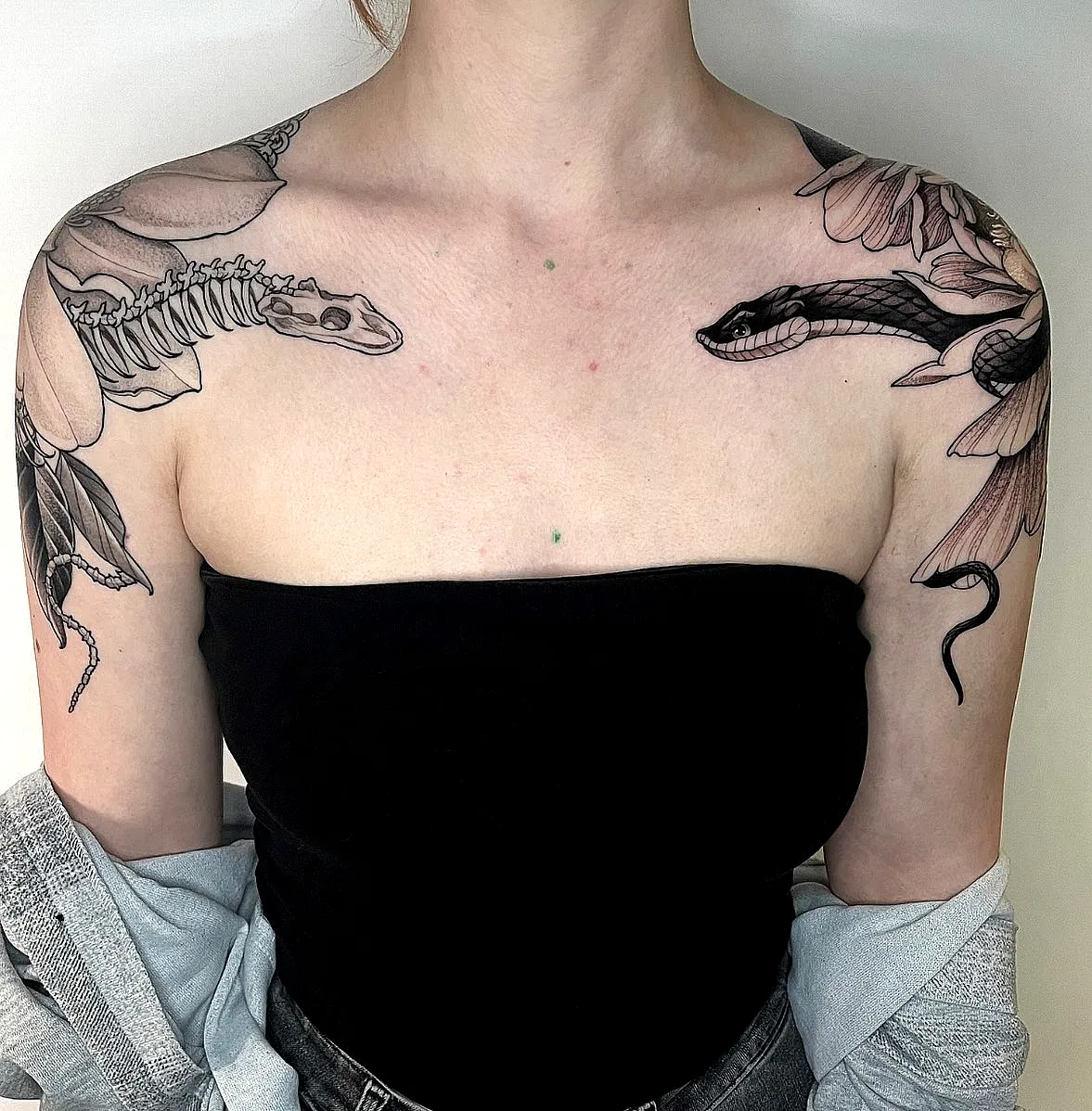Skeletal Lizard Snake Shoulder Tattoo