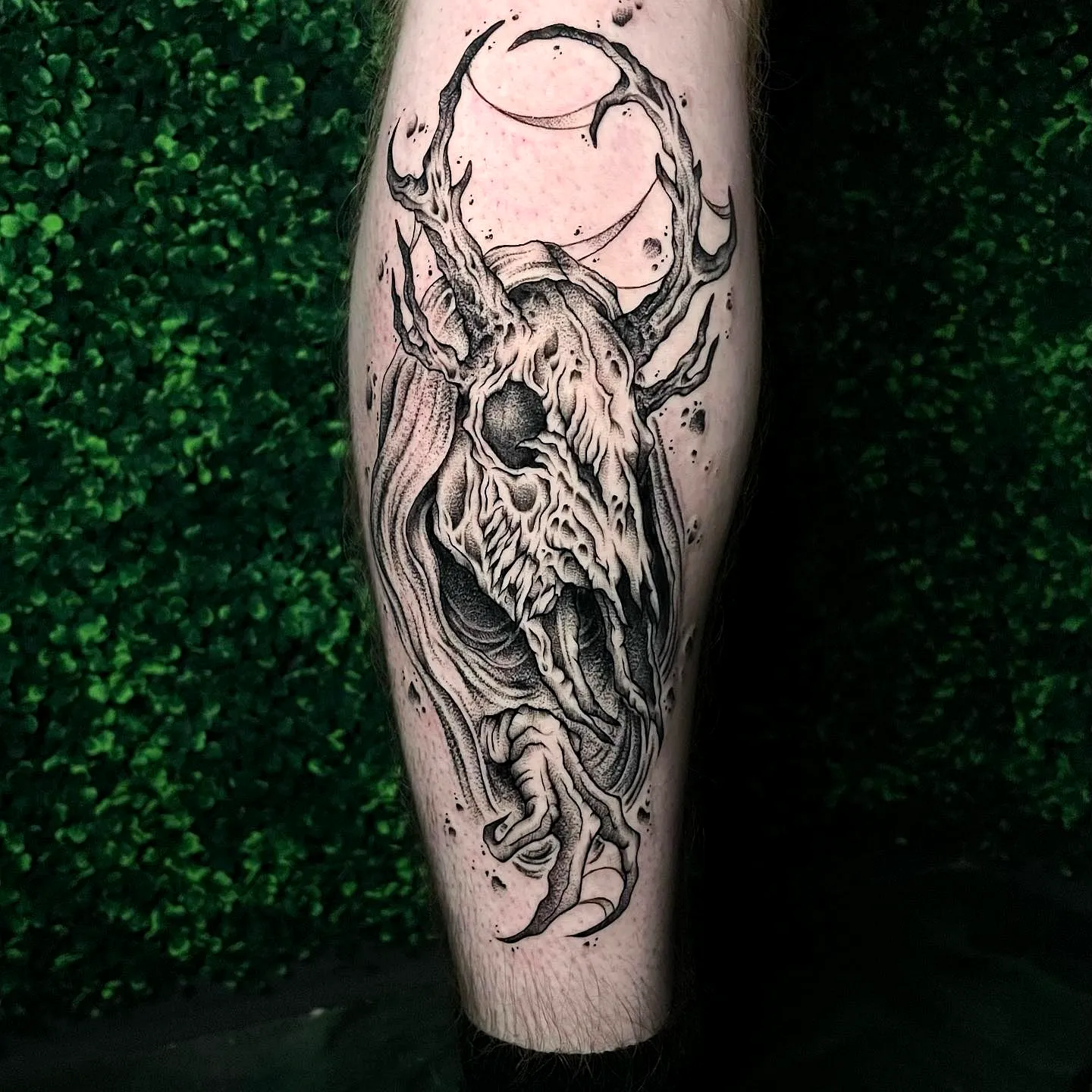 Skull Antlers Lower Leg Tattoo
