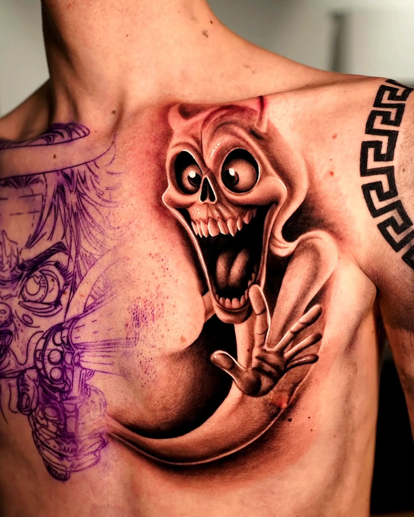 Skull Chest Tattoo in Dark Chicano Style