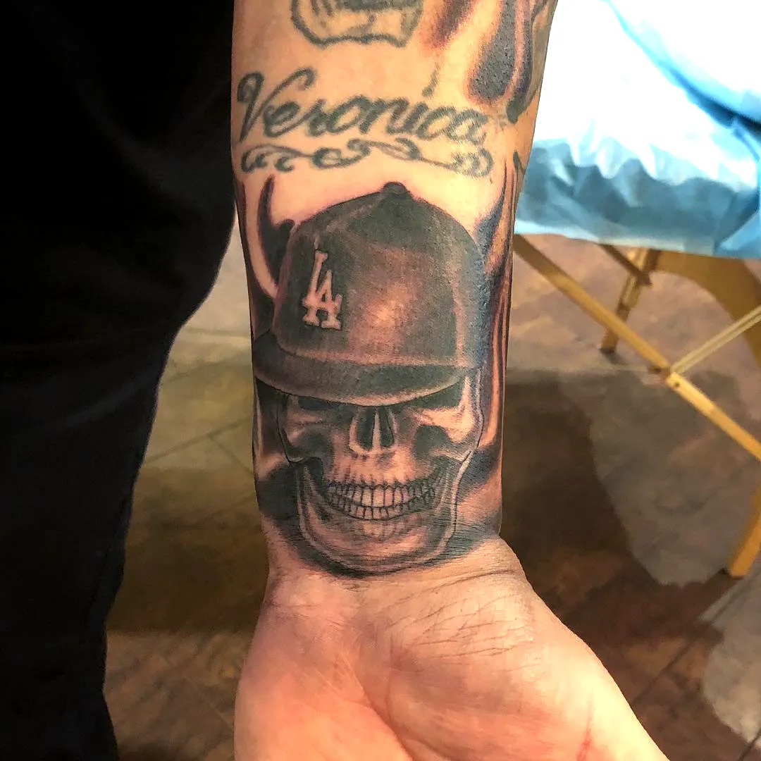Skull Forearm Tattoo - Dodgers Black and Gray